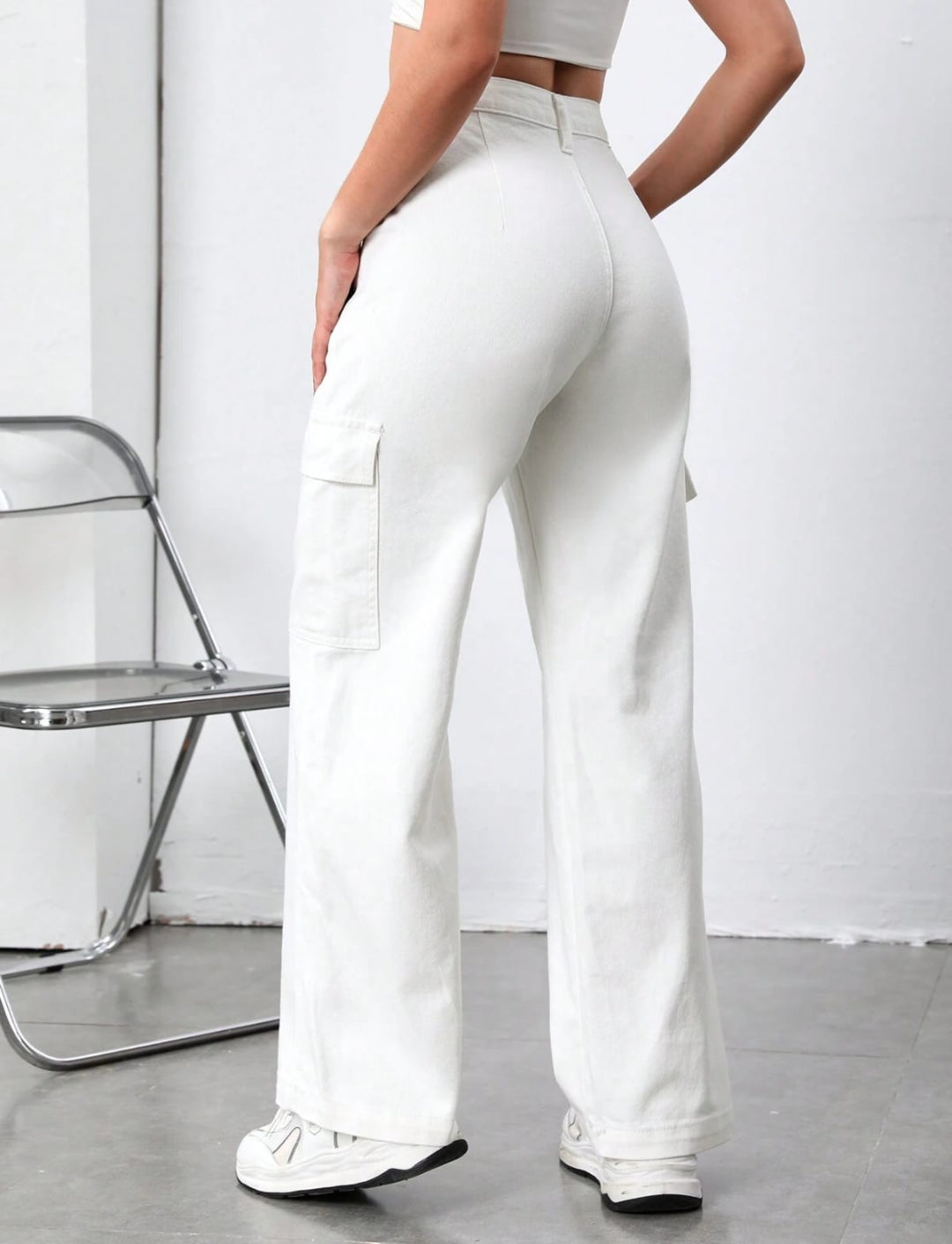 High Waist Six Pocket White Cargo Wide Leg Denim