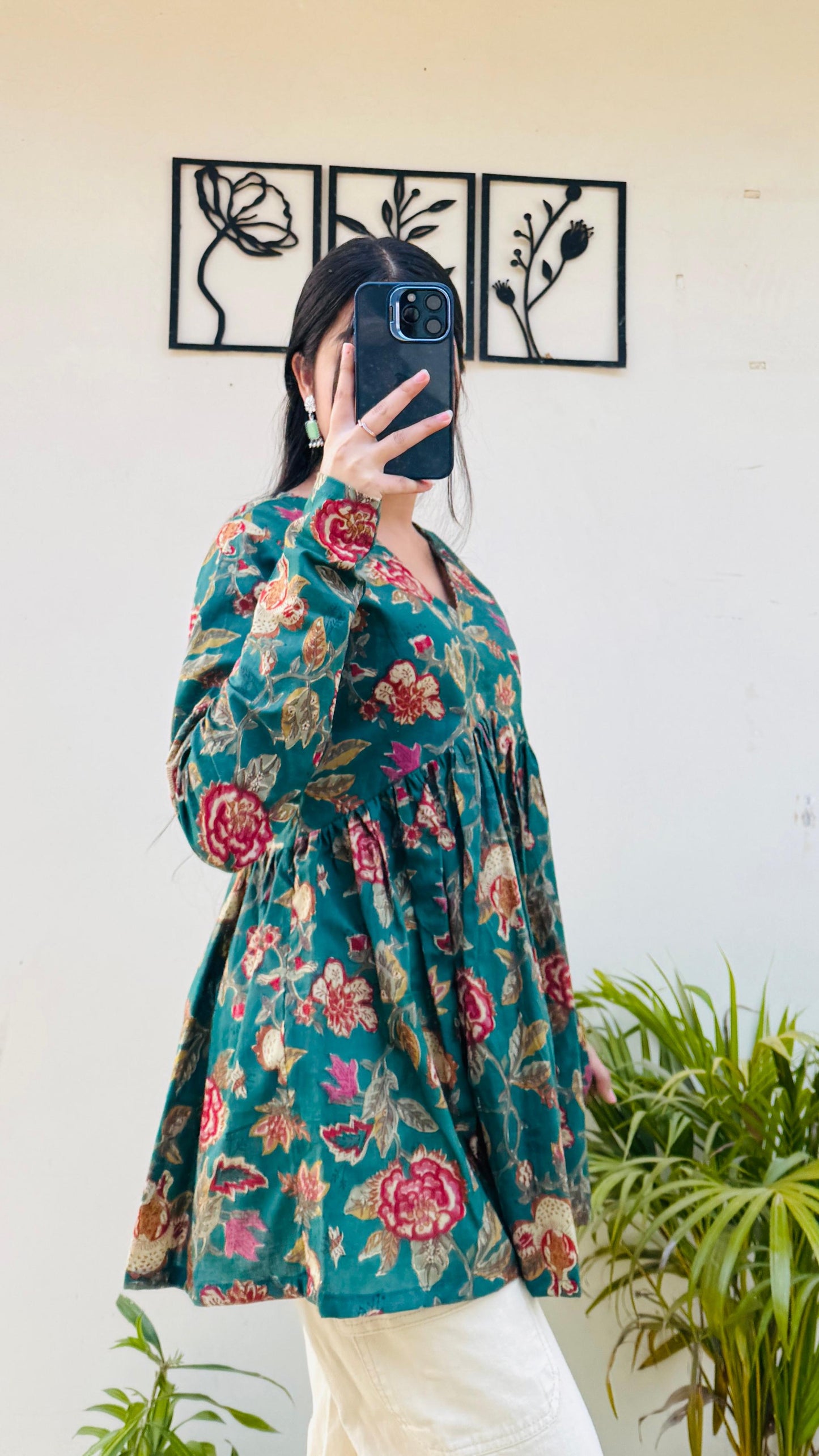 Cotton Flared Green Floral Print Aliacut Peplum Top