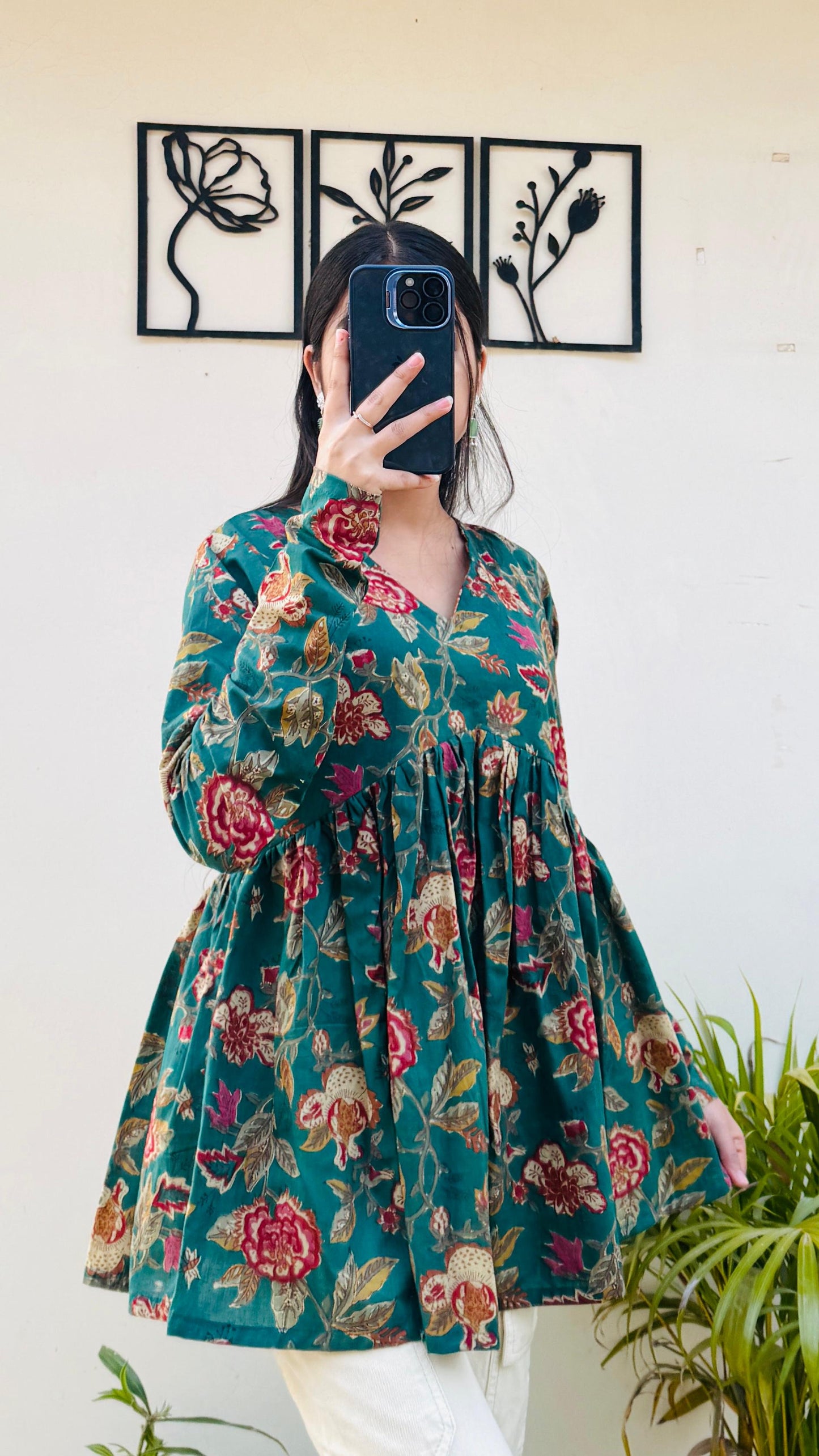 Cotton Flared Green Floral Print Aliacut Peplum Top