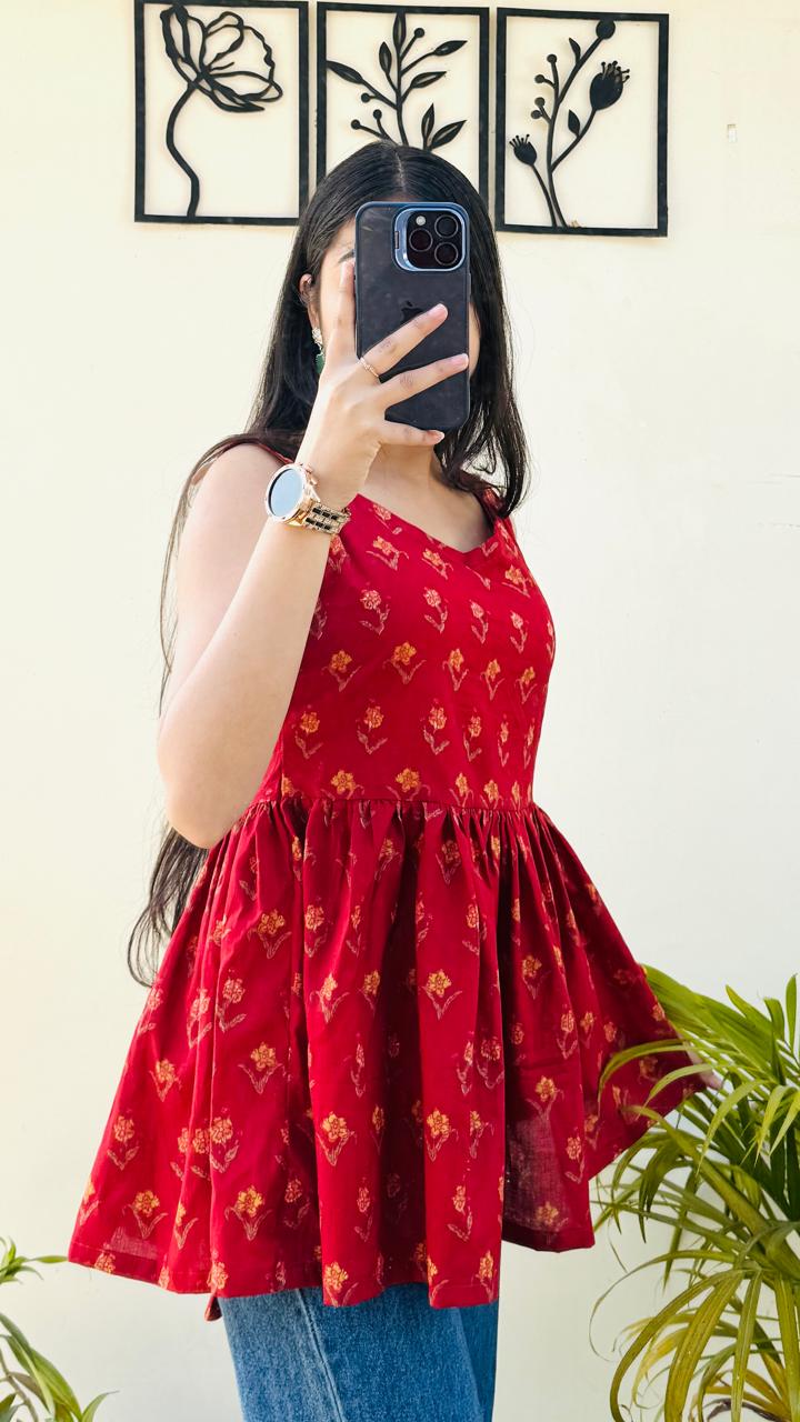 Cotton Flared Back Less Neck Design Short Kurti