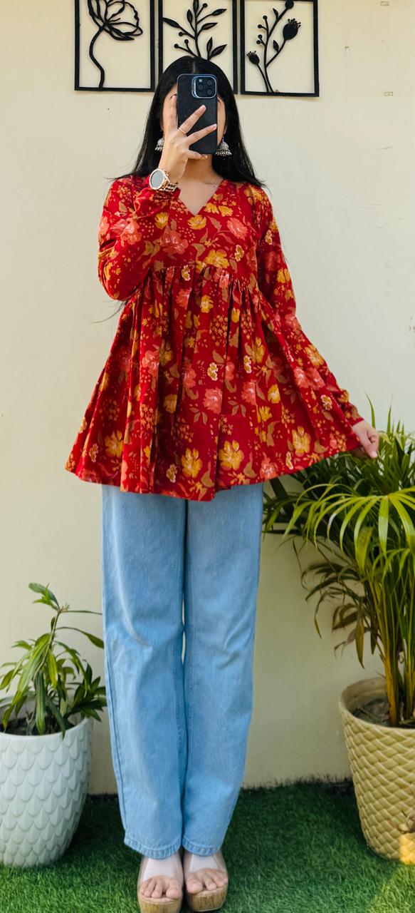Cotton Flared Floral Print Aliacut Peplum Top