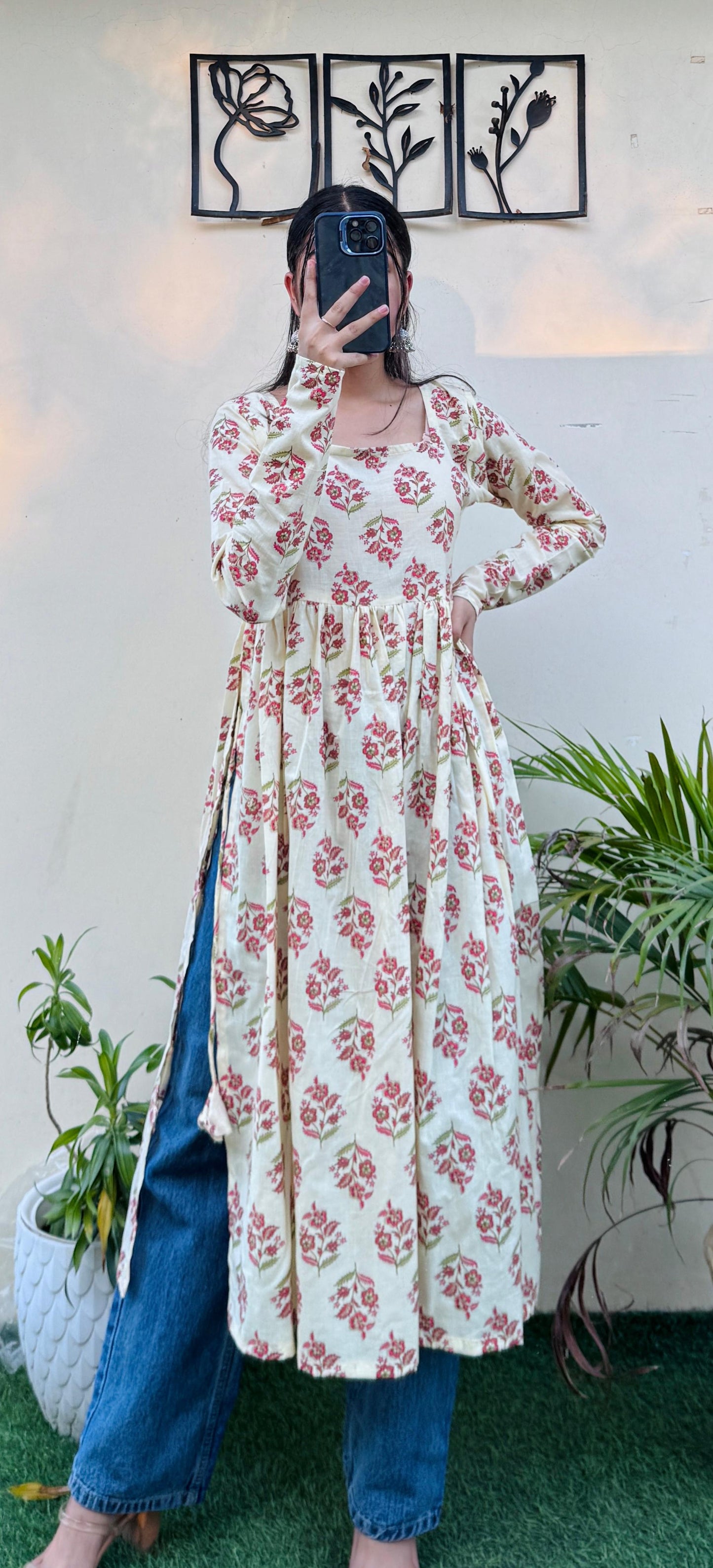 Cotton Full Sleeve Cream Nayra Cut Long Kurti
