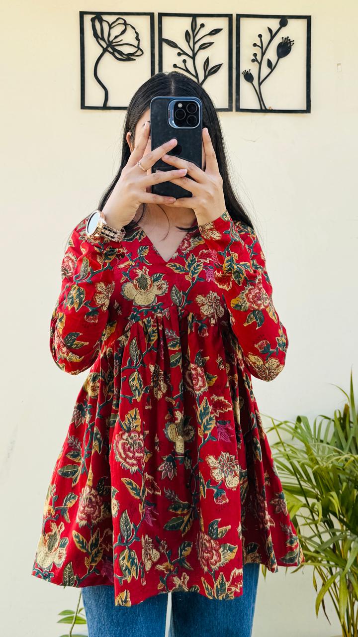 Cotton Flared Floral Print Aliacut Peplum Top