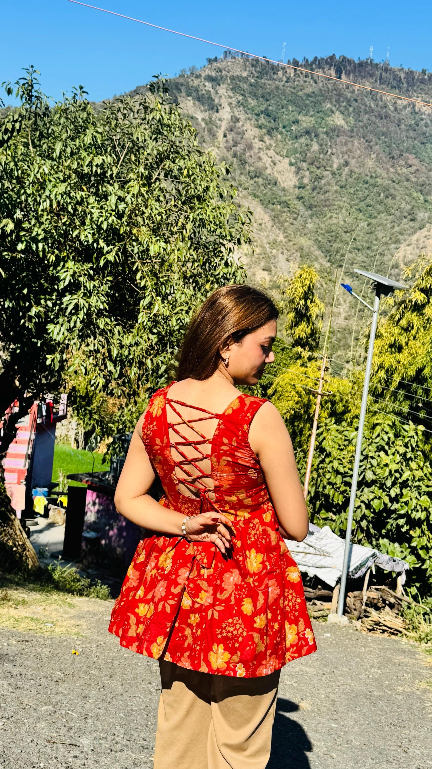 Cotton Flared Red Backless Neck Design Short Kurti