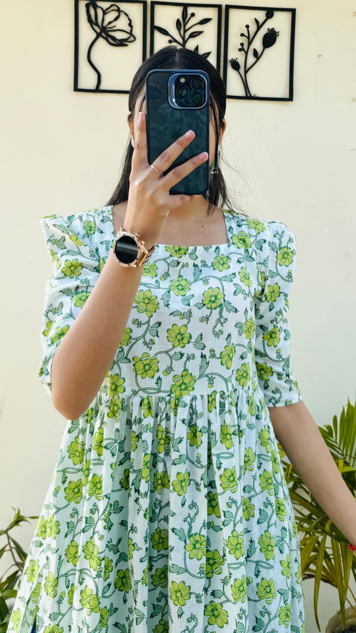 Cotton Printed White & Green Puff Sleeves Nyra Cut Long Kurti