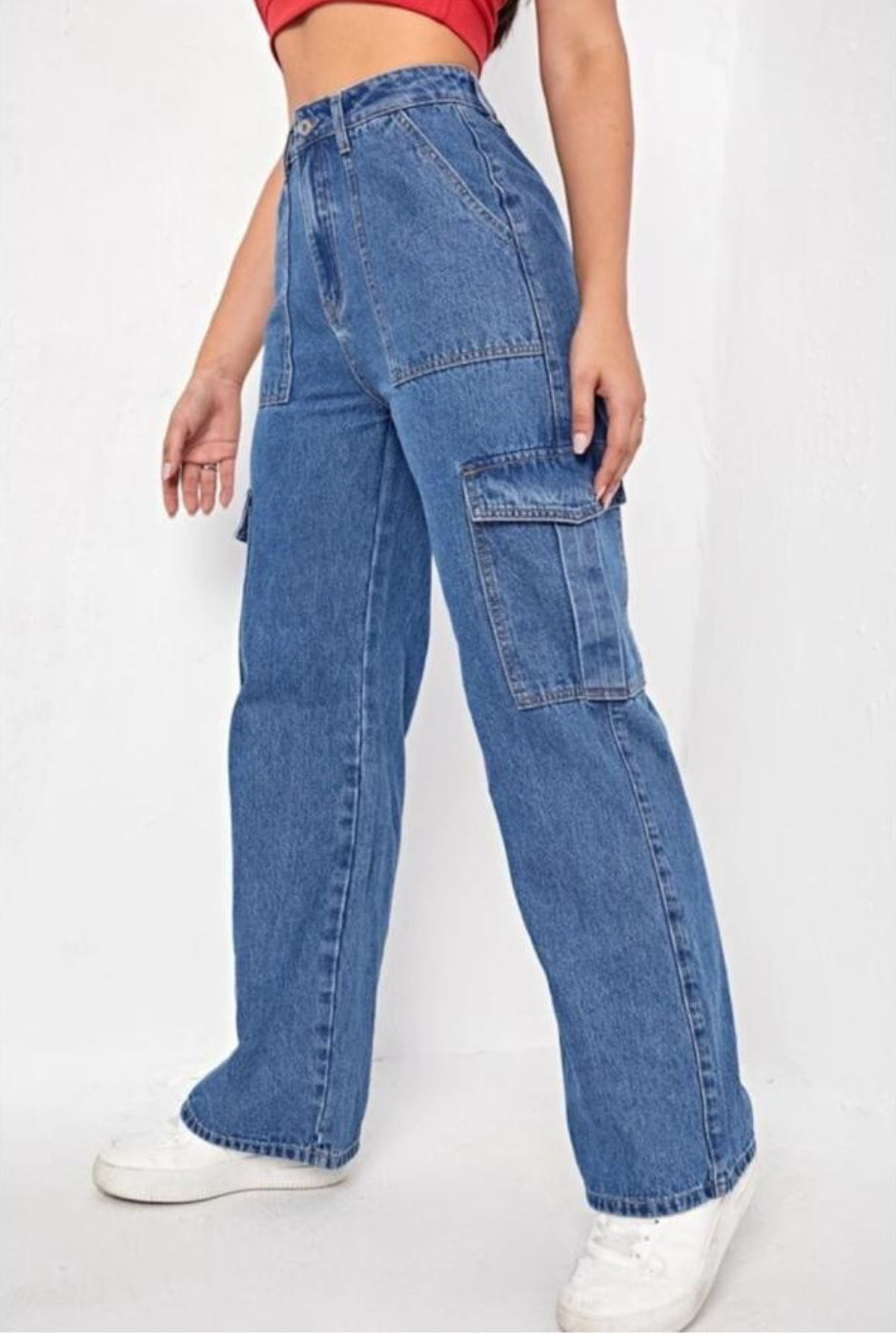 High Waist Six Pocket Stone Blue Cargo Wide Leg Denim