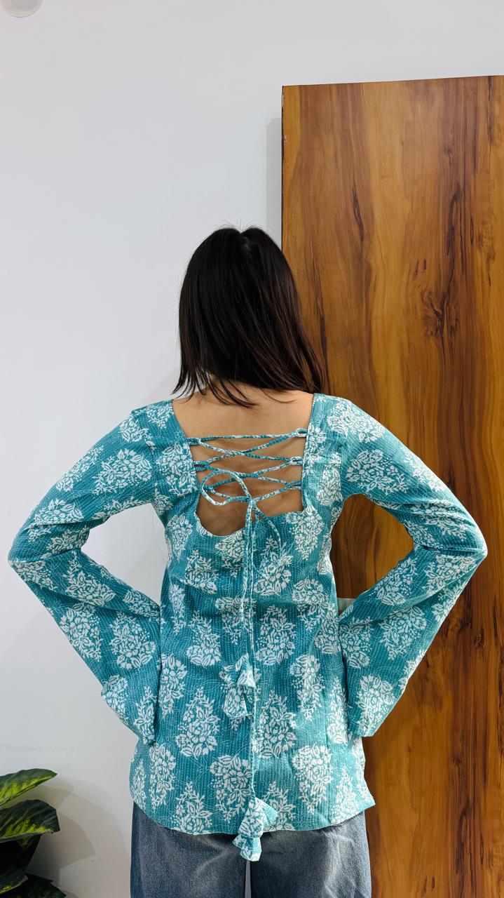 Cotton Bell Sleeves Back Crisscross Design Short Kurti