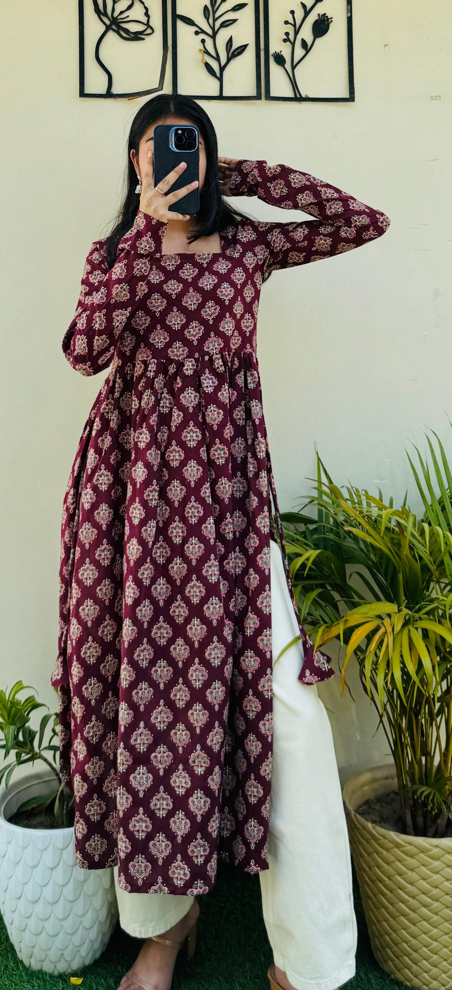 Cotton Full Sleeve Maroon Nayra Cut Long Kurti