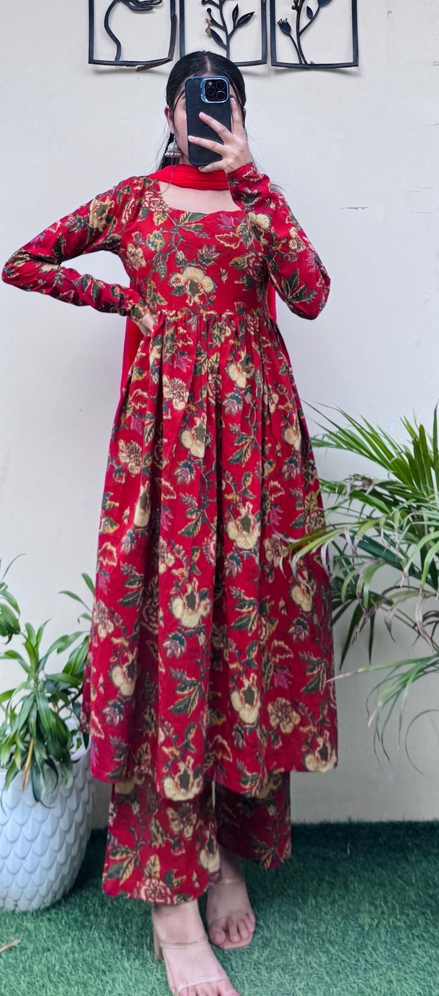 Beautiful Cotton Katha Black Anarkali Suit Set (Kurta+Pant+Dupatta)