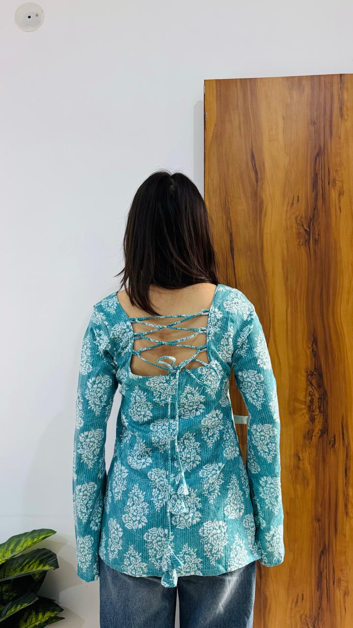 Cotton Bell Sleeves Back Crisscross Design Short Kurti