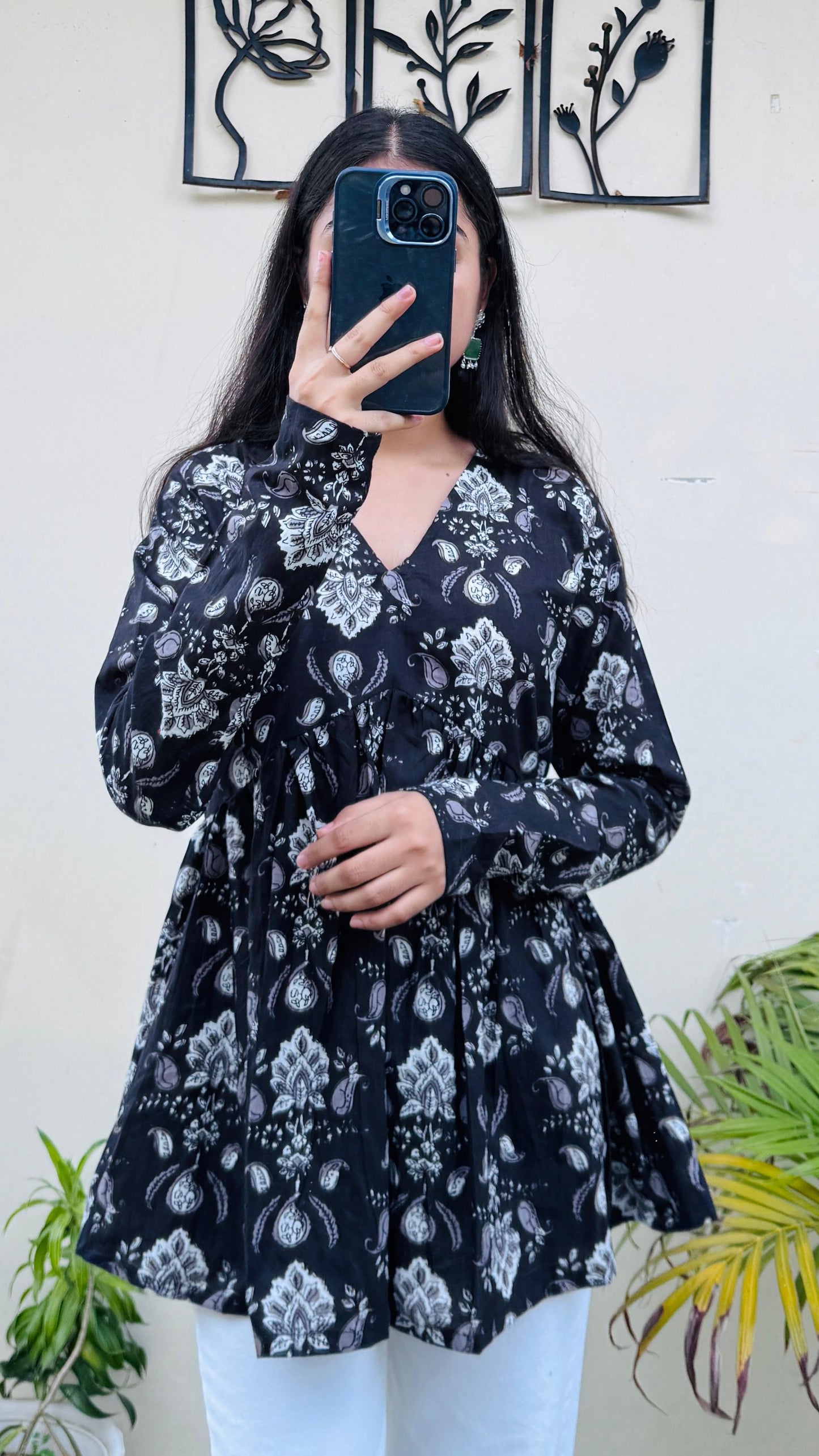 Cotton Black Flared Printed Aliacut Peplum Top