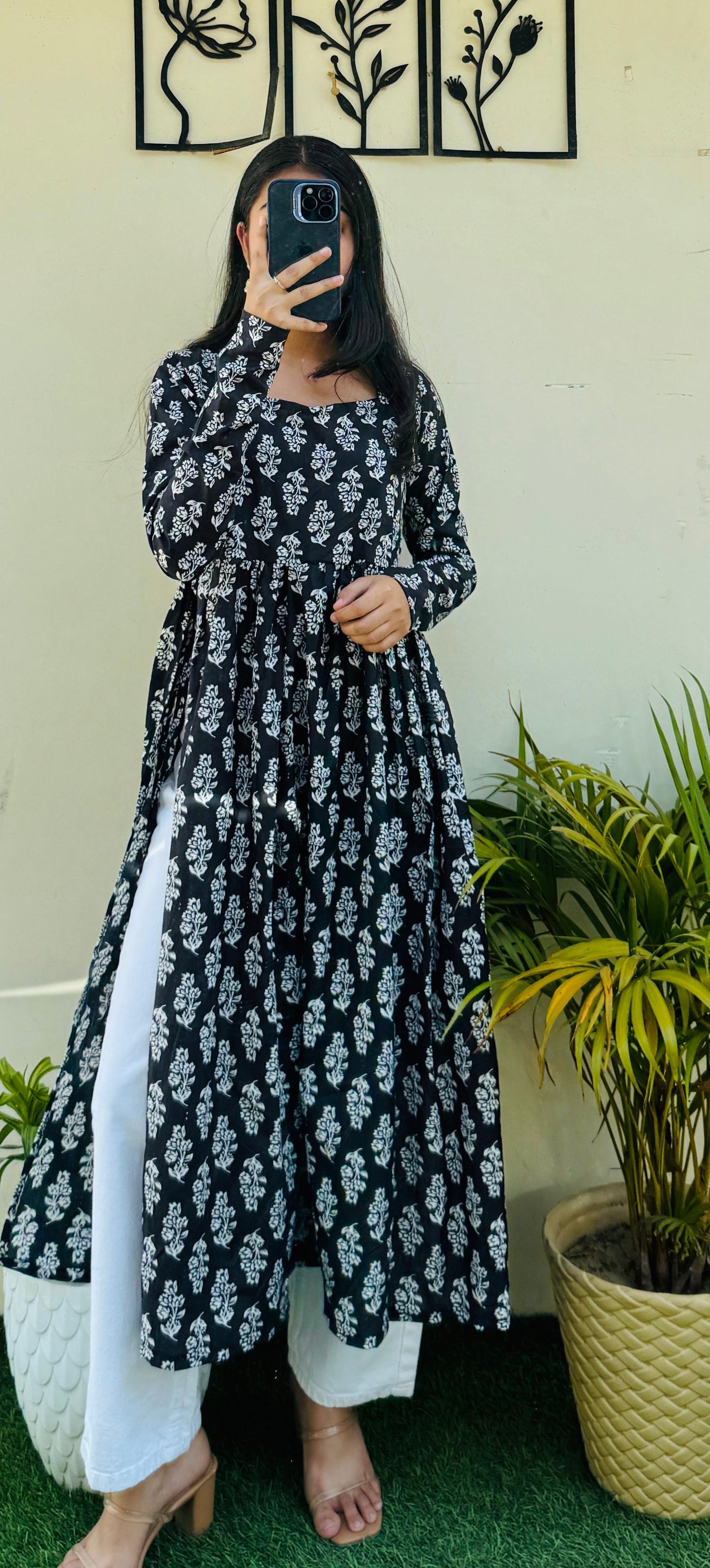 Cotton Full Sleeve Black Nayra Cut Long Kurti
