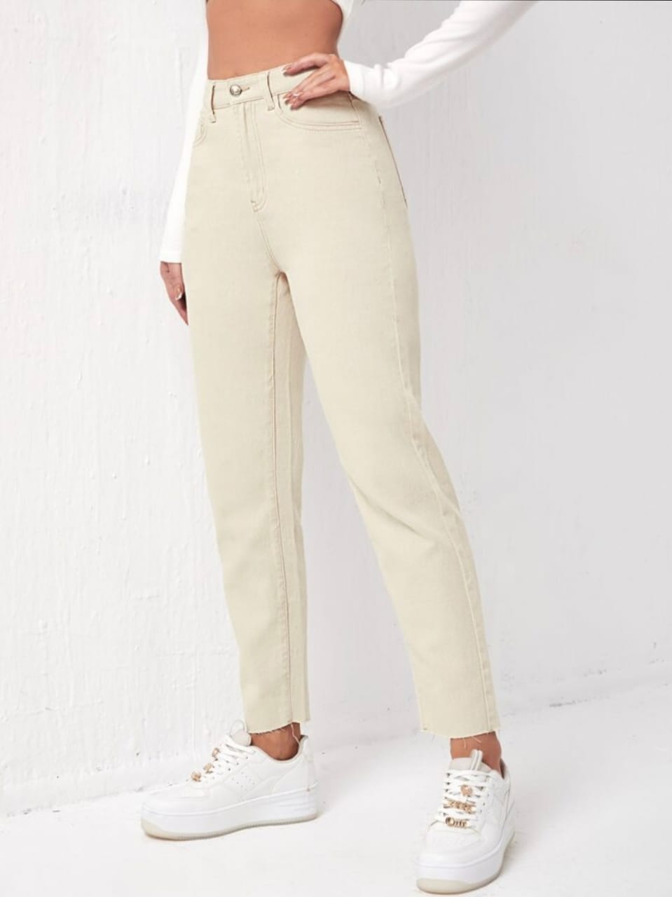 High Waist Cream Mom Fit Denim Jeans