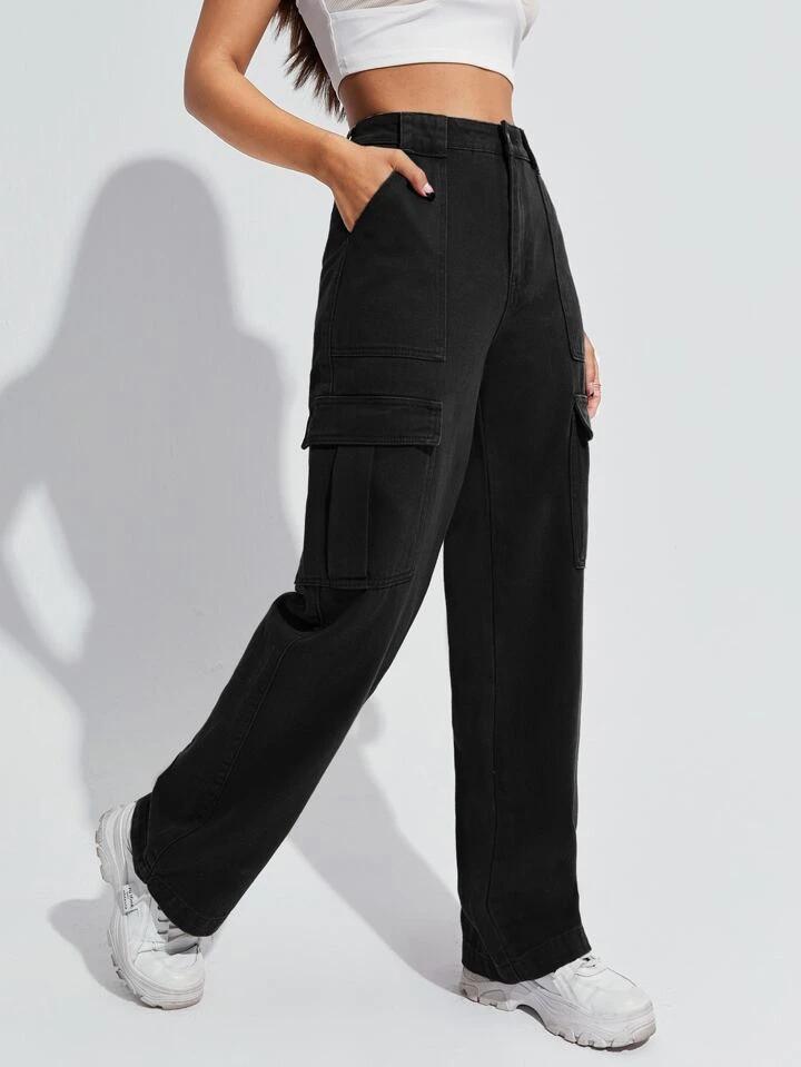 High Waist Six Pocket Black Cargo Wide Leg Denim