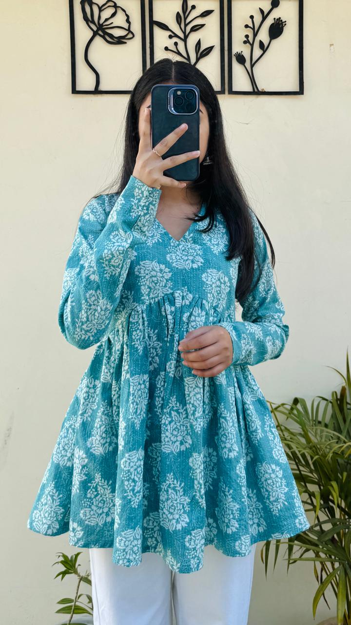 Katha Cotton Flared Floral Print Aliacut Peplum Top