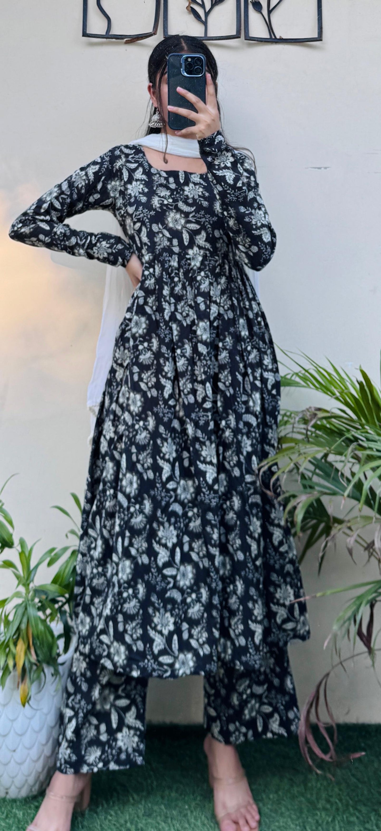 Beautiful Cotton Full Sleeve Anarkali Suit Set (Kurta+Pant+Dupatta)