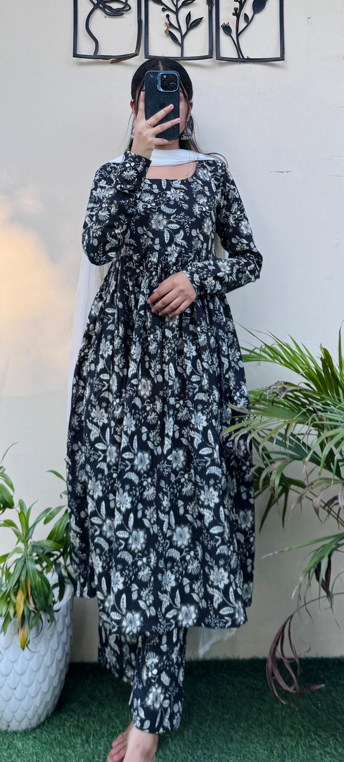 Beautiful Cotton Full Sleeve Anarkali Suit Set (Kurta+Pant+Dupatta)