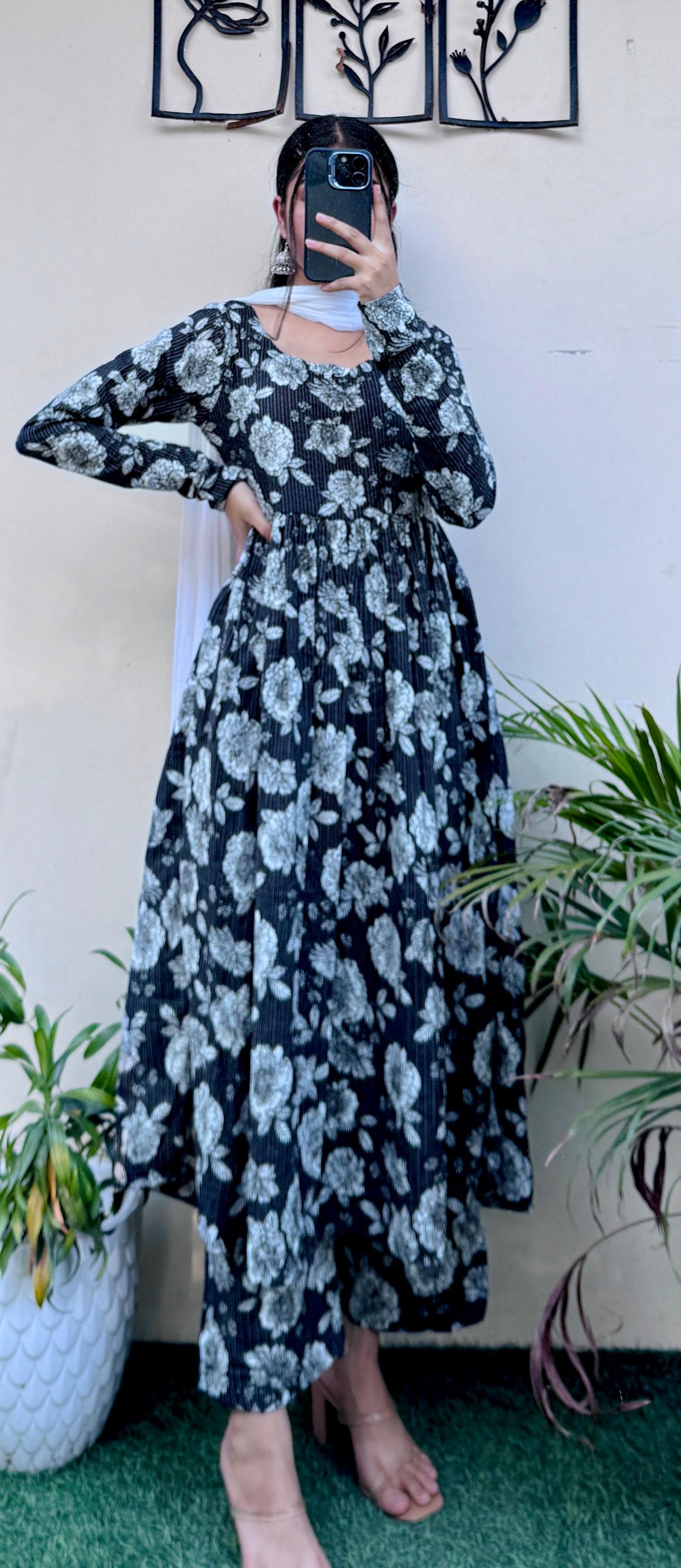 Beautiful Cotton Katha Black Anarkali Suit Set (Kurta+Pant+Dupatta)