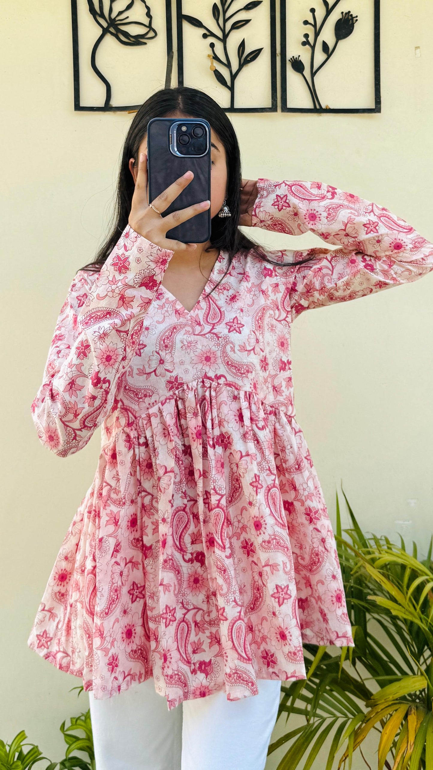 Cotton Pink Flared Floral Print Aliacut Peplum Top