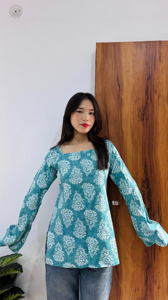 Cotton Bell Sleeves Back Crisscross Design Short Kurti