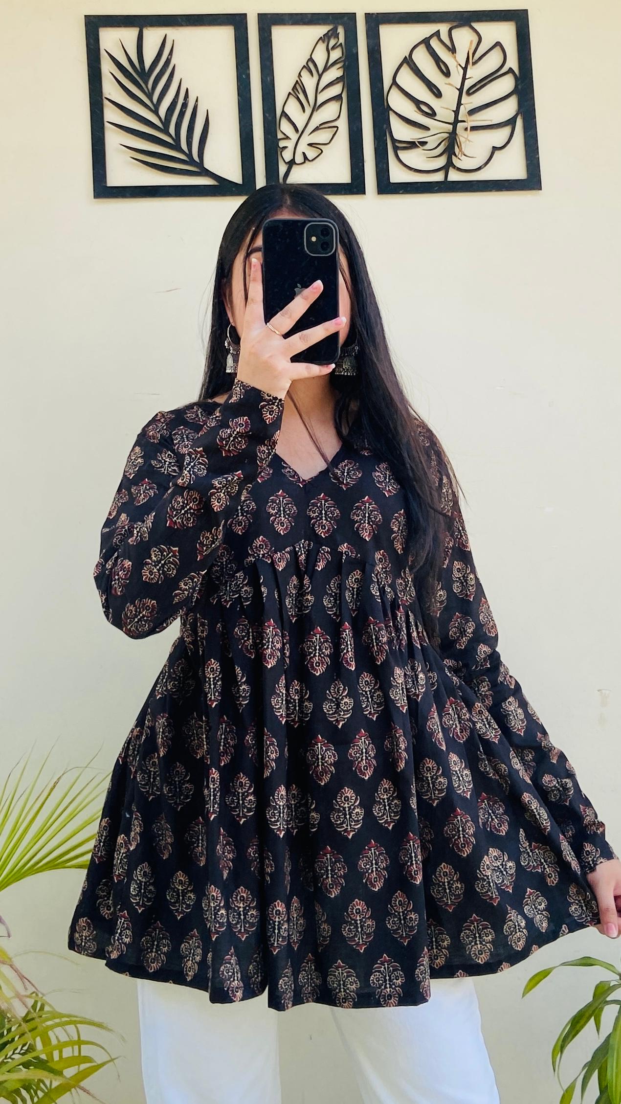 Cotton Flared Ajarakh Print Aliacut Peplum Top