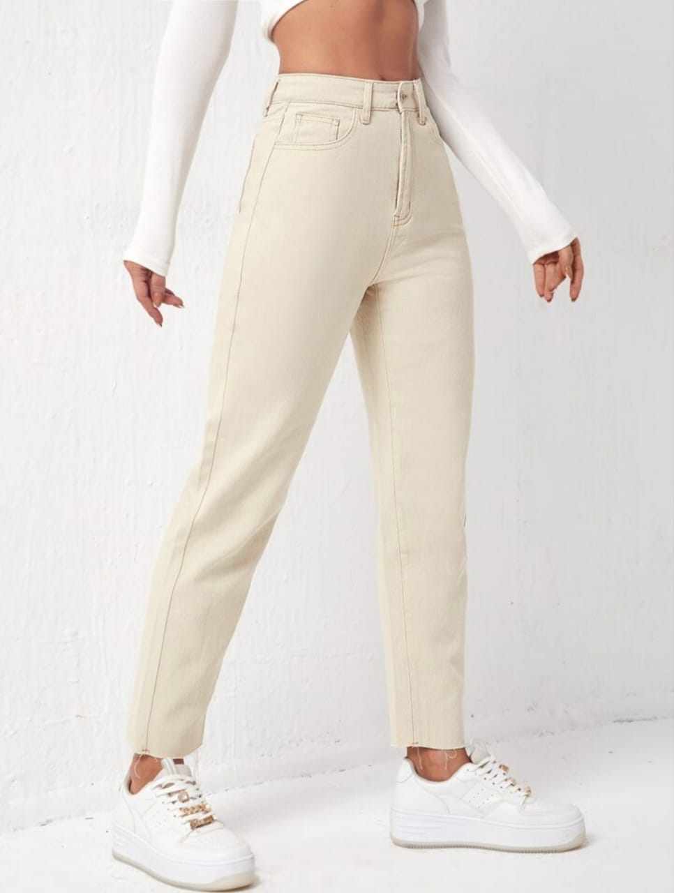High Waist Cream Mom Fit Denim Jeans