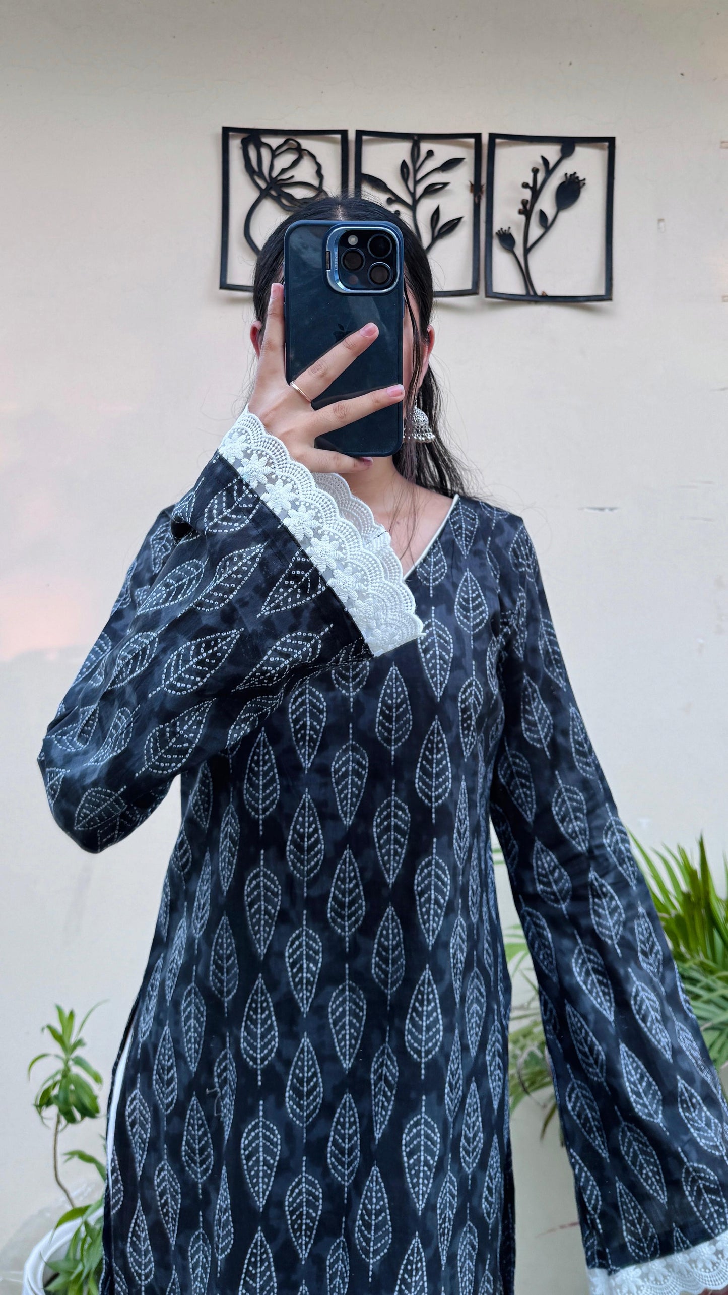 Cotton V-neck Lace Work Bellsleeves Long Kurti