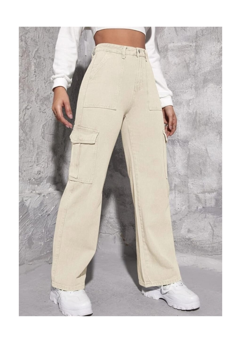 High Waist Six Pocket Cream Cargo Wide Leg Denim