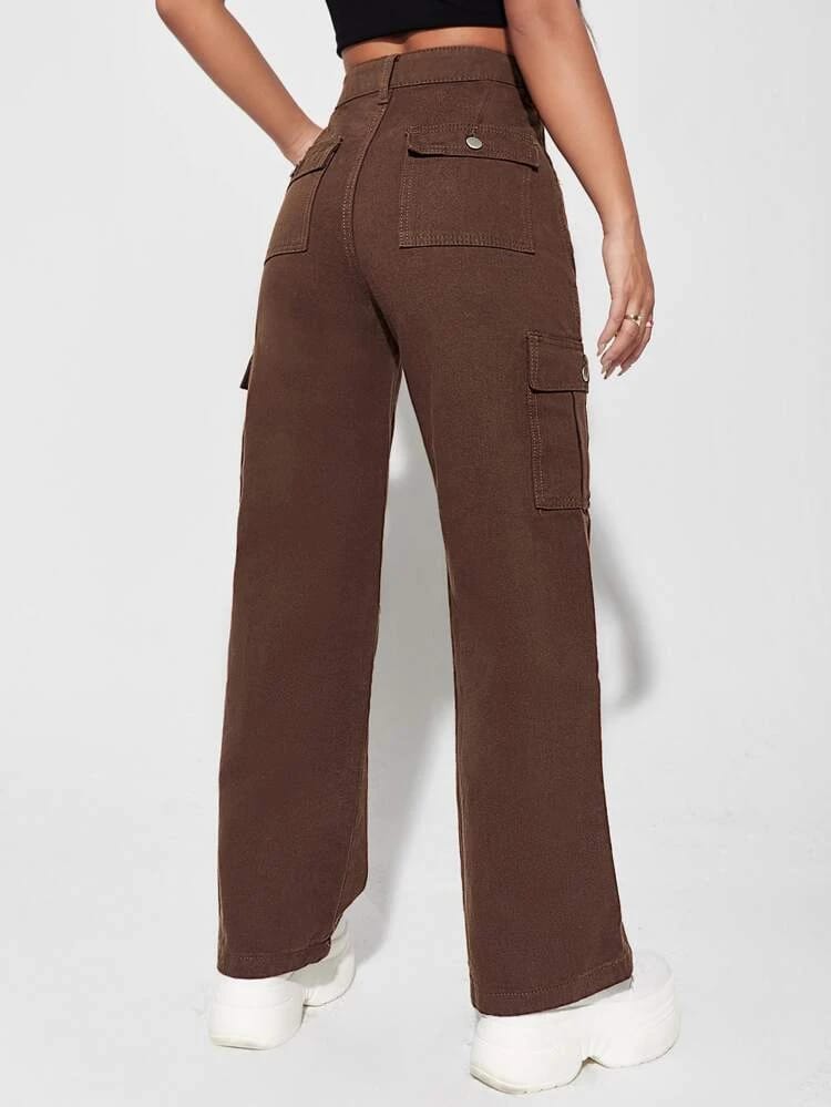 High Waist Six Pocket Brown Cargo Wide Leg Denim