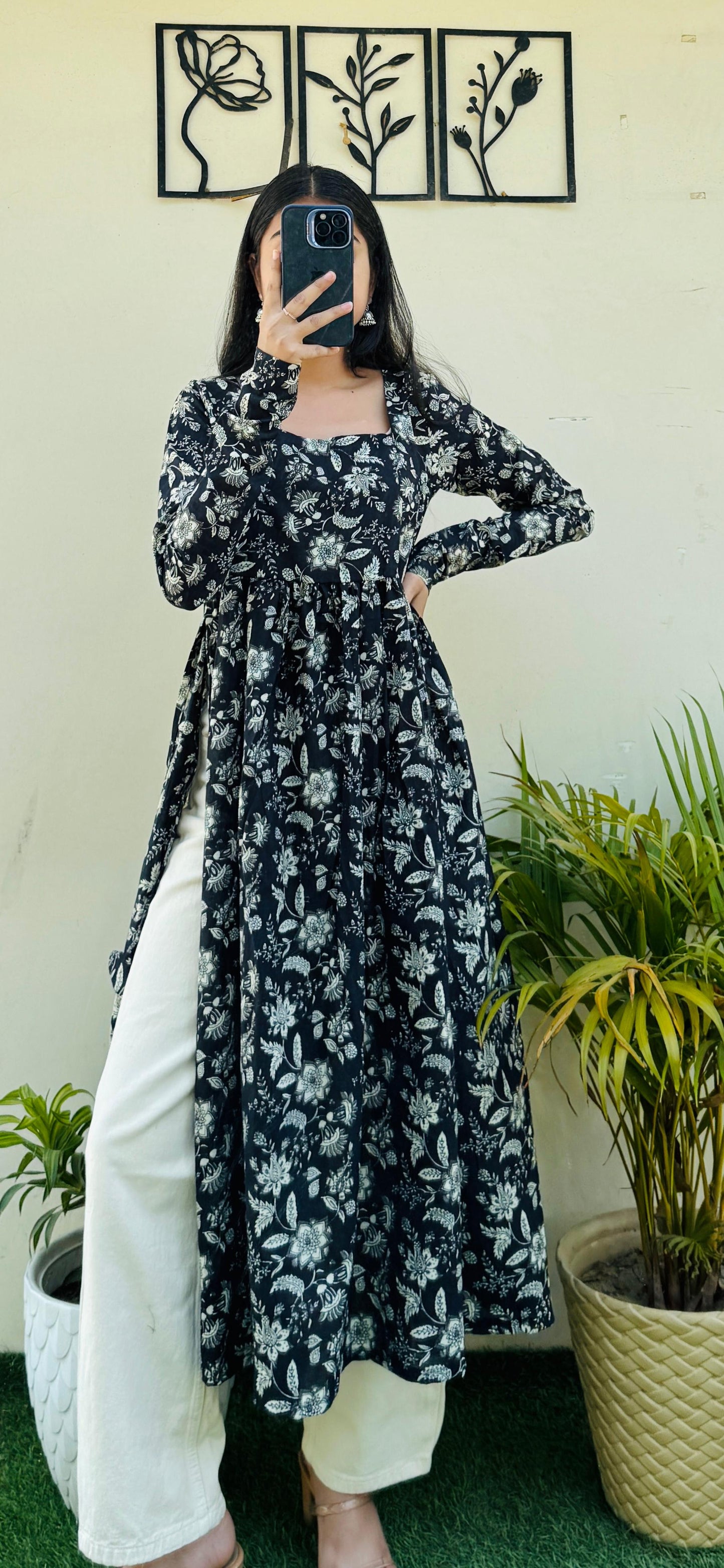 Cotton Full Sleeve Black Nayra Cut Long Kurti