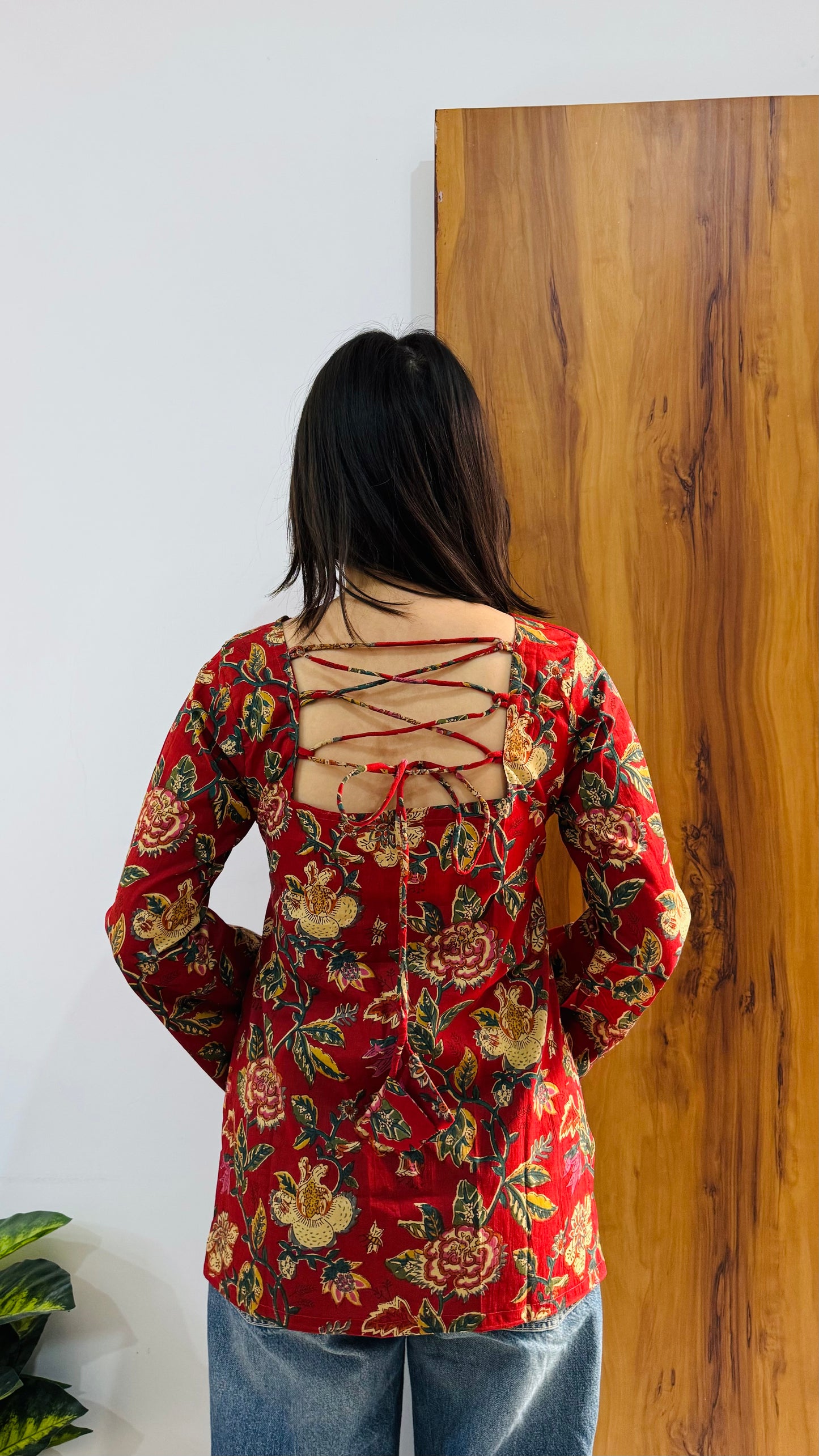 Cotton Bell Sleeves Back Crisscross Design Short Kurti