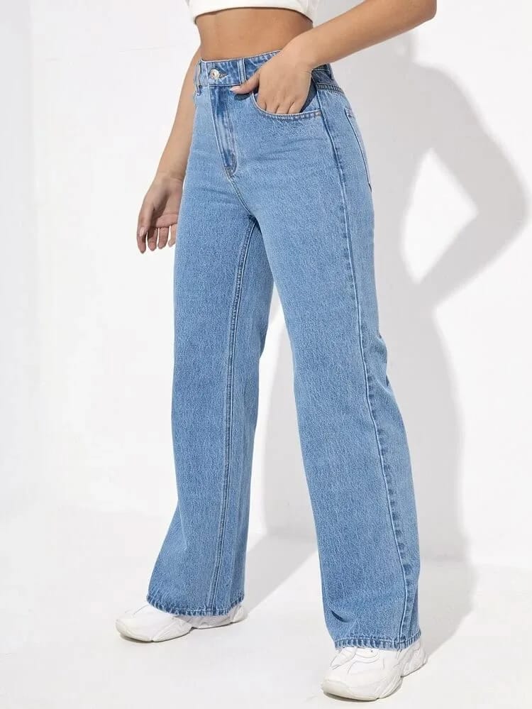 High Waist Ice Blue Wide Leg Denim