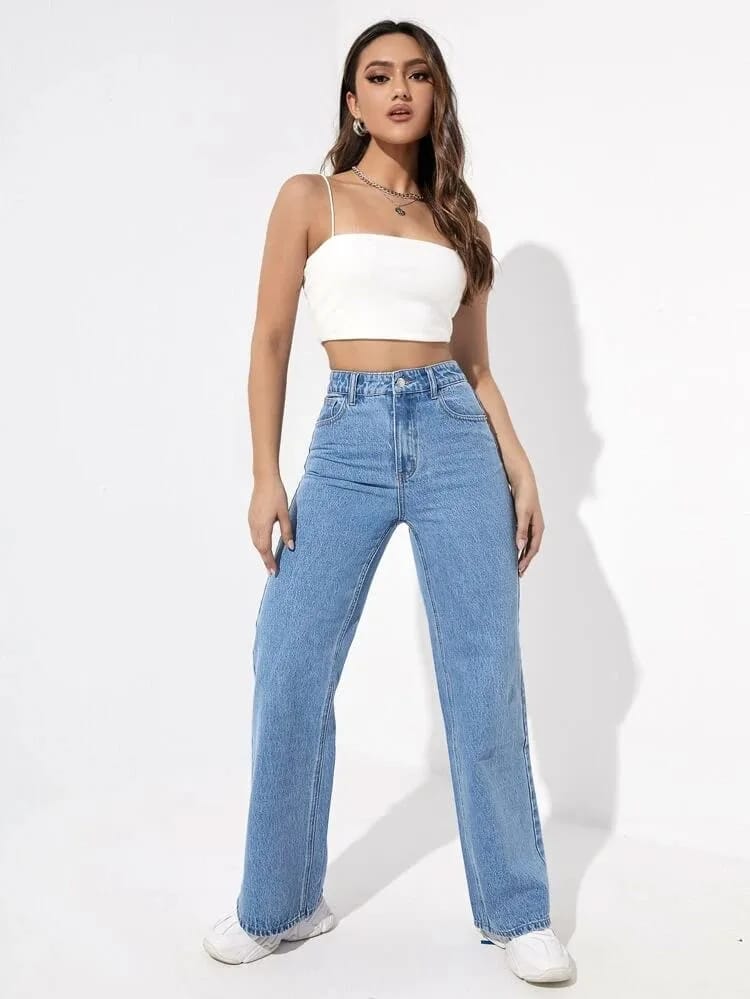 High Waist Ice Blue Wide Leg Denim