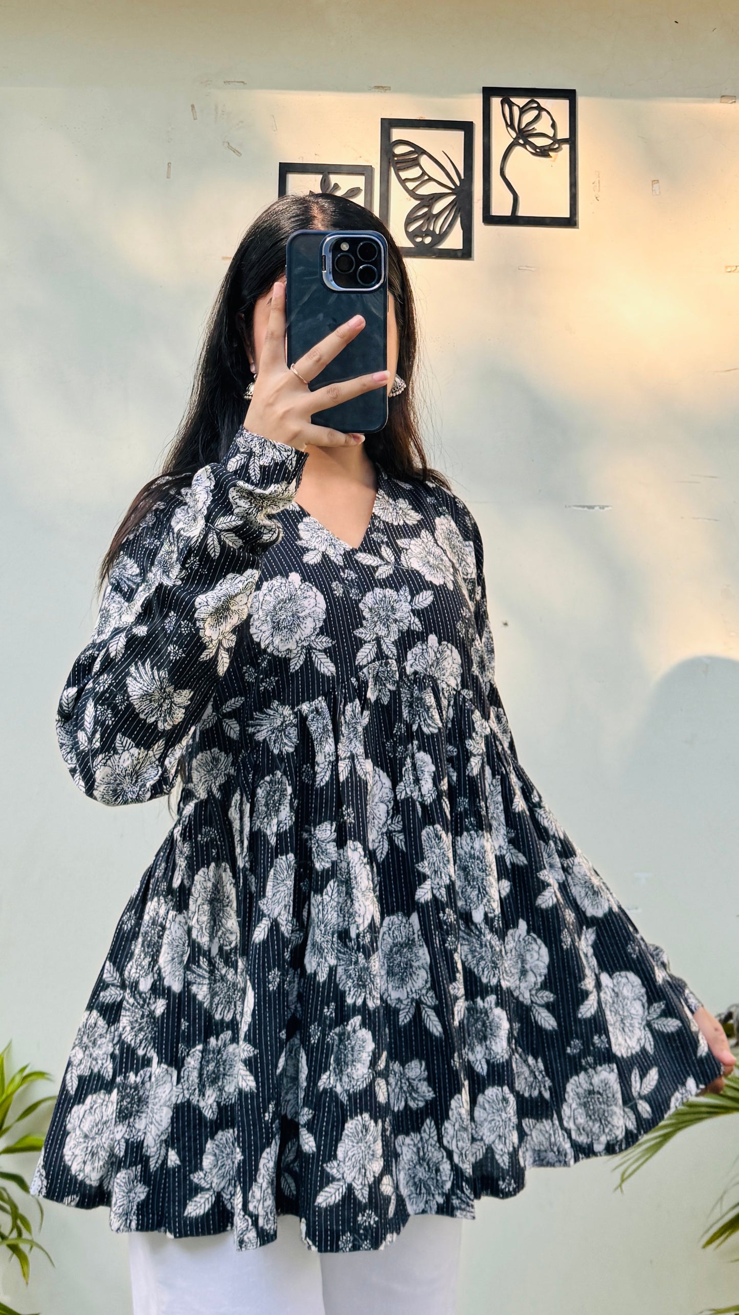 Cotton Katha Black Flared Printed Aliacut Peplum Top