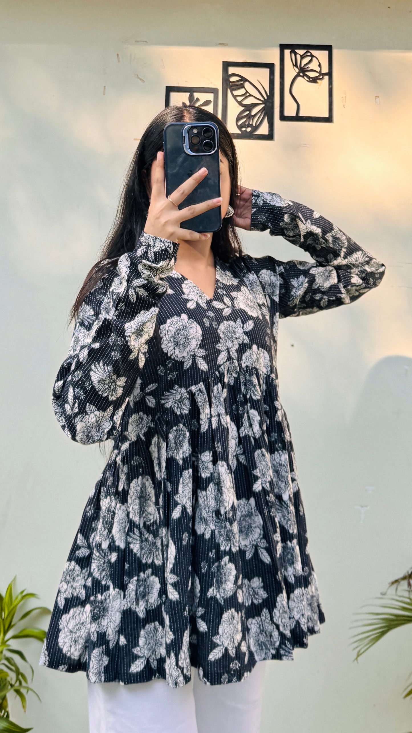 Cotton Katha Black Flared Printed Aliacut Peplum Top