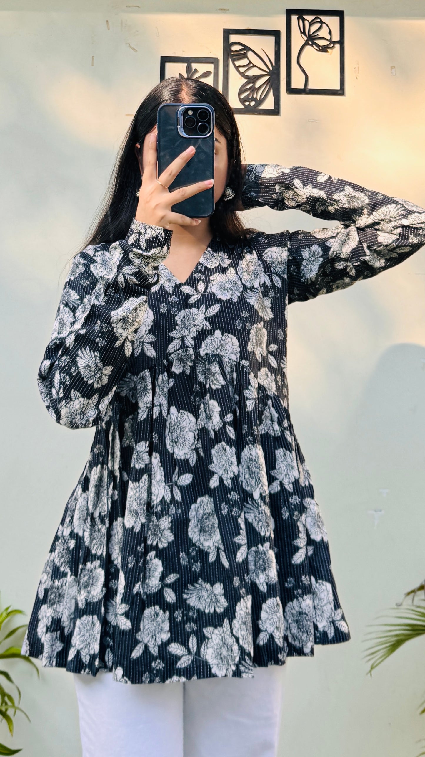 Cotton Katha Black Flared Printed Aliacut Peplum Top