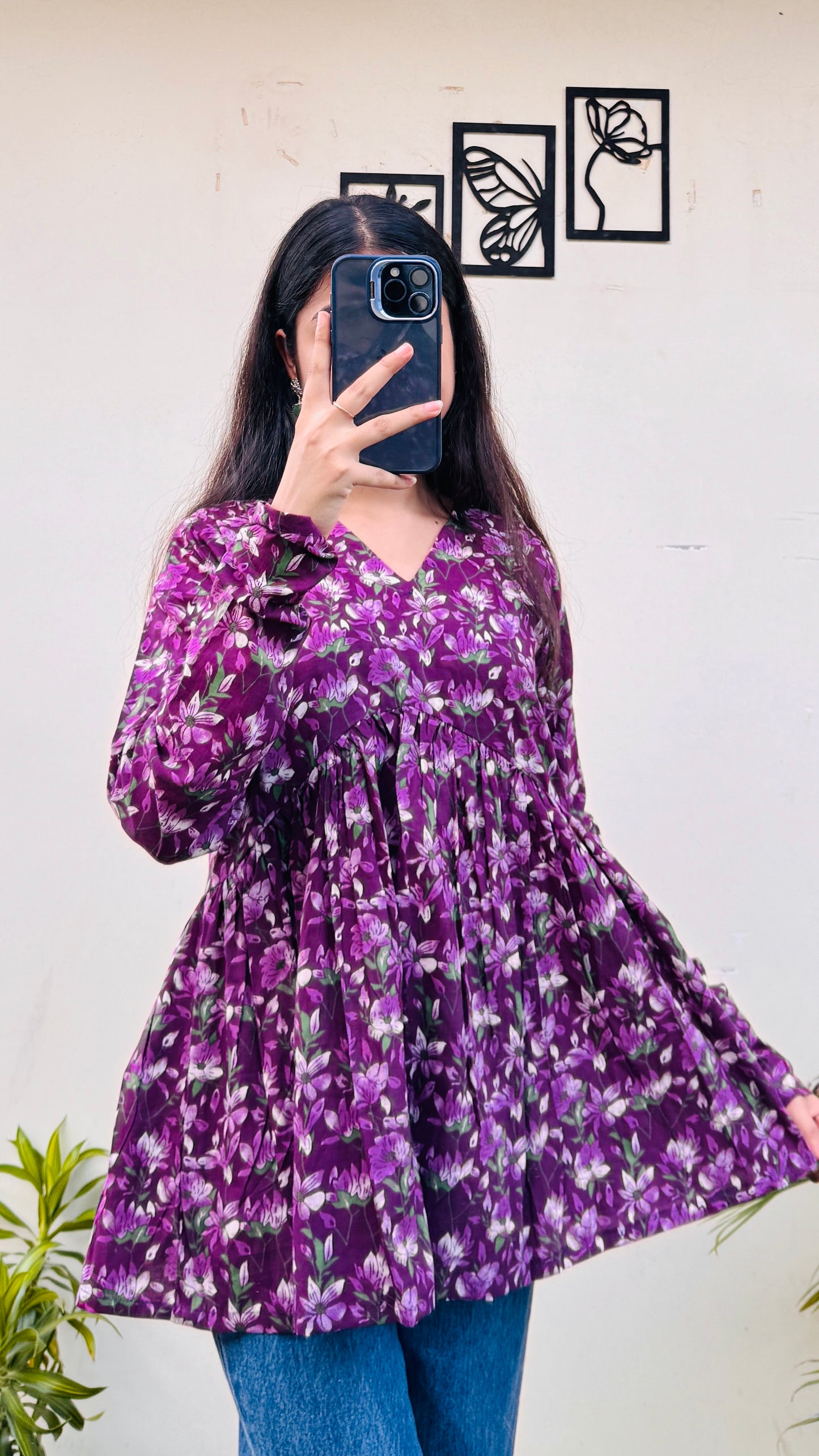 Cotton Wine Flared Printed Aliacut Peplum Top