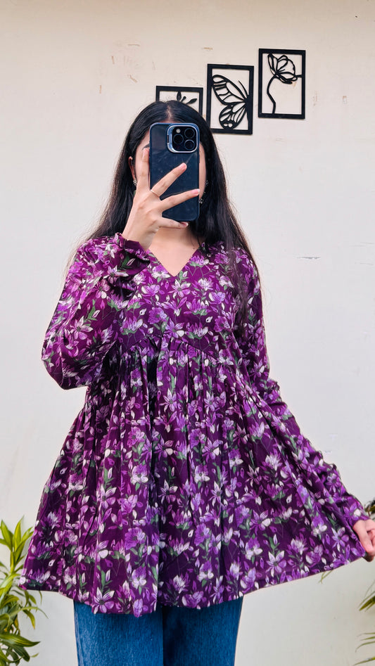 Cotton Wine Flared Printed Aliacut Peplum Top