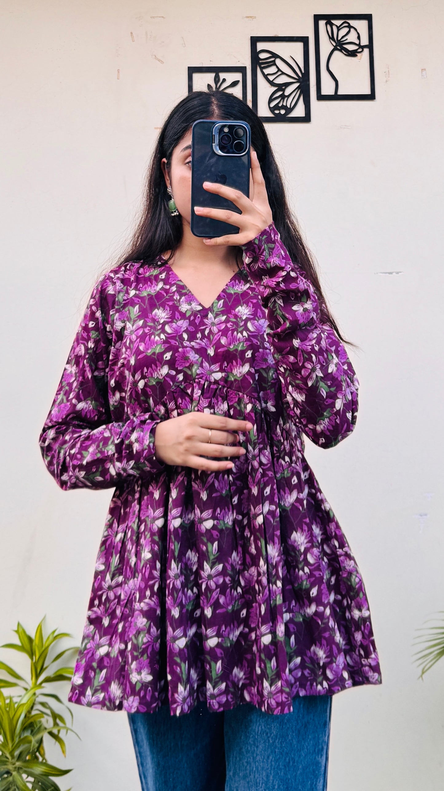 Cotton Wine Flared Printed Aliacut Peplum Top