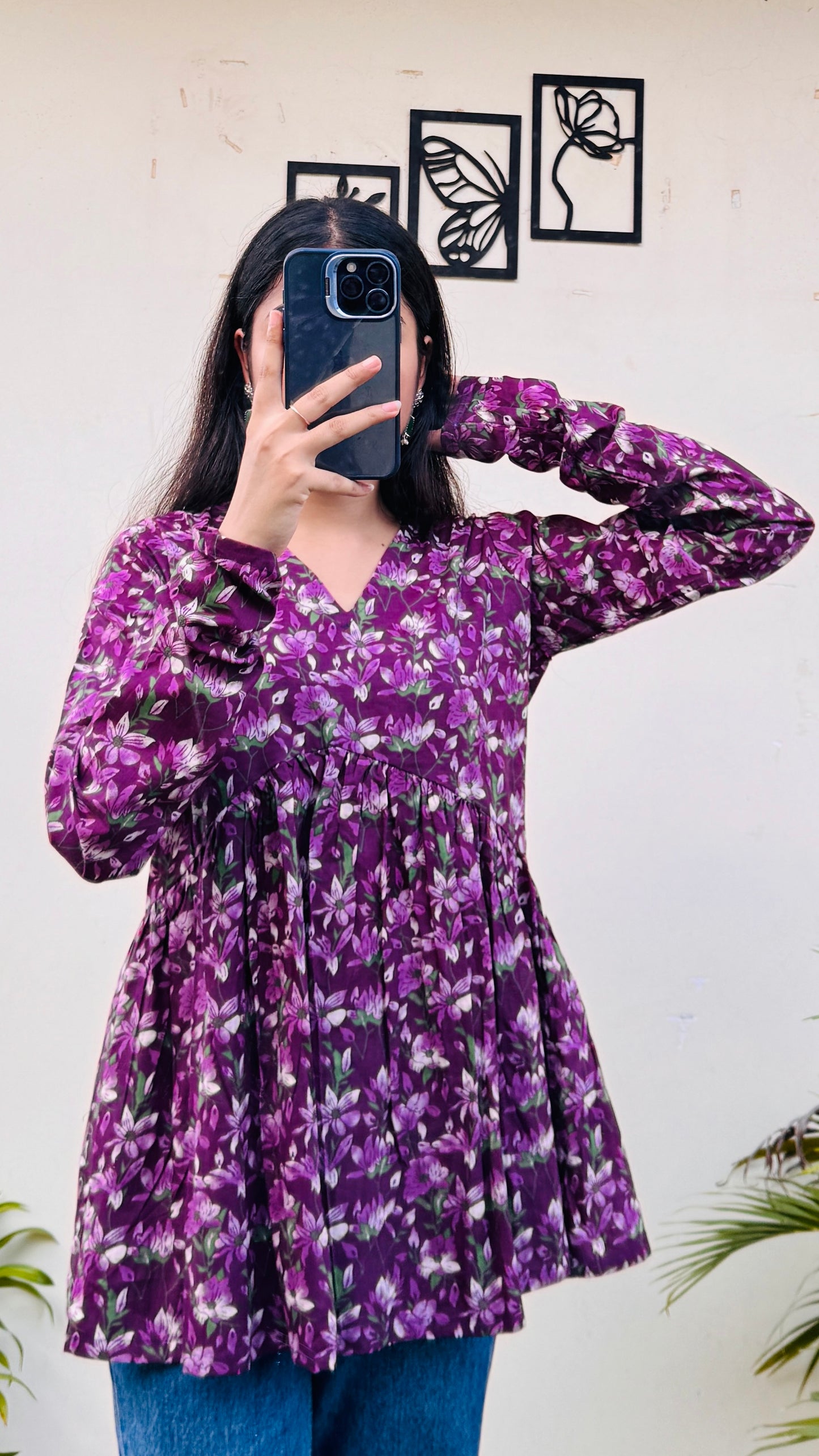 Cotton Wine Flared Printed Aliacut Peplum Top