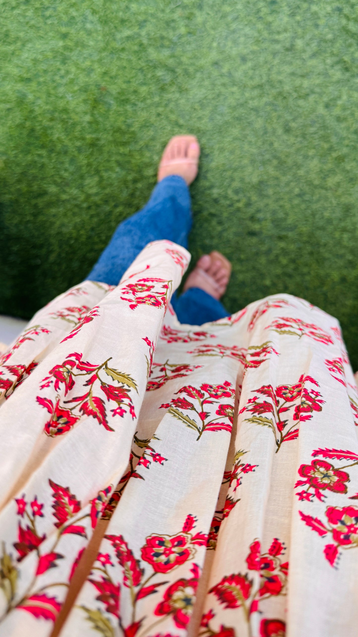 Cotton Cream Flared Printed Aliacut Peplum Top