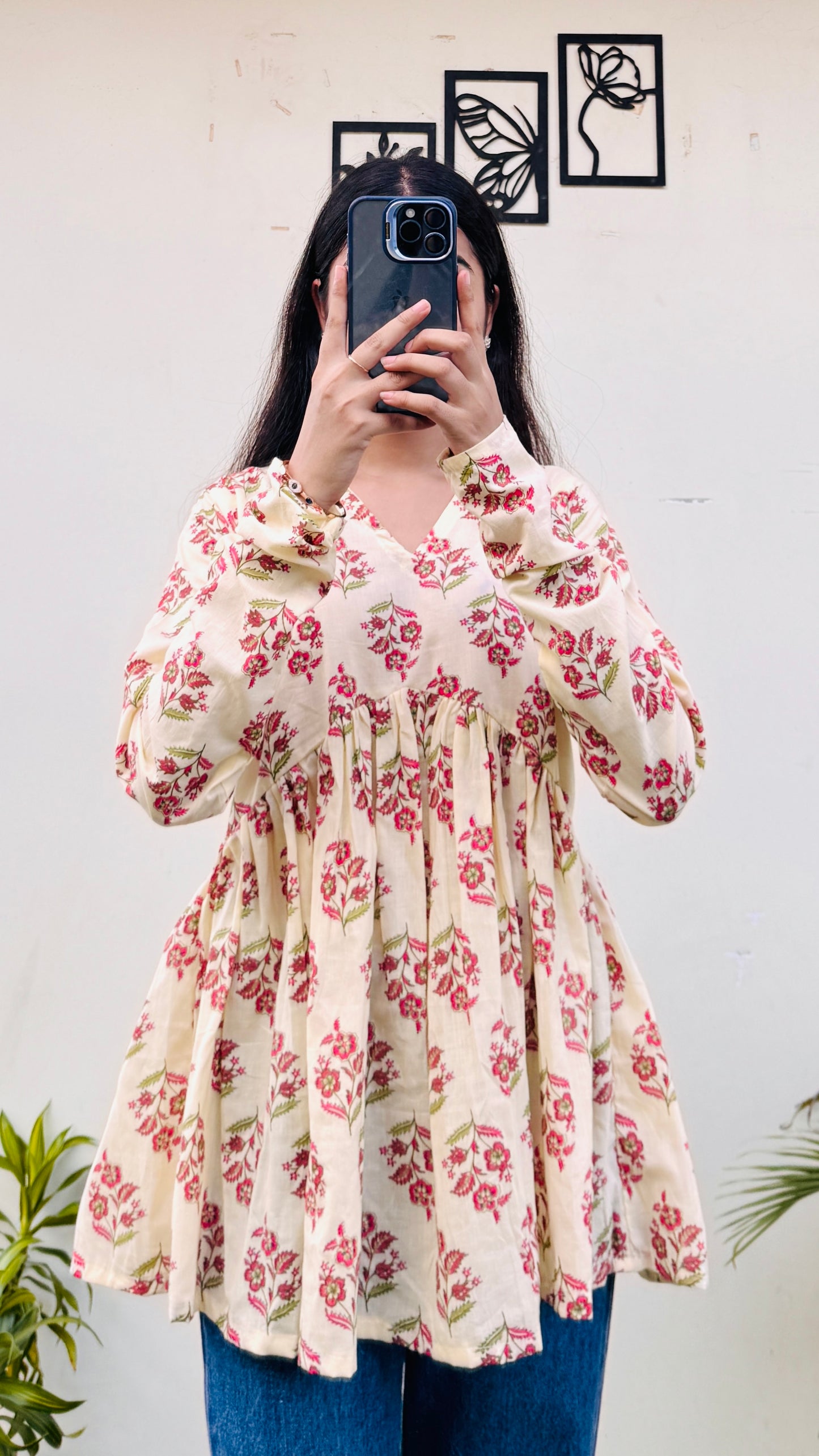 Cotton Cream Flared Printed Aliacut Peplum Top