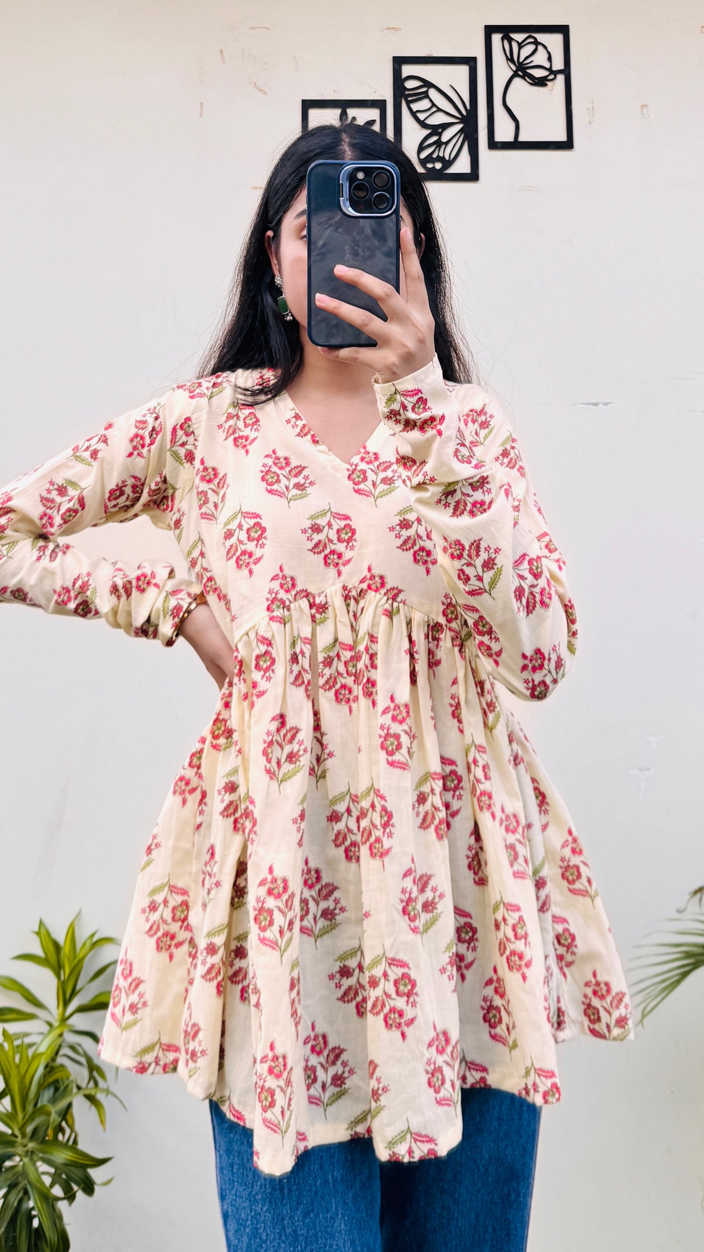 Cotton Cream Flared Printed Aliacut Peplum Top