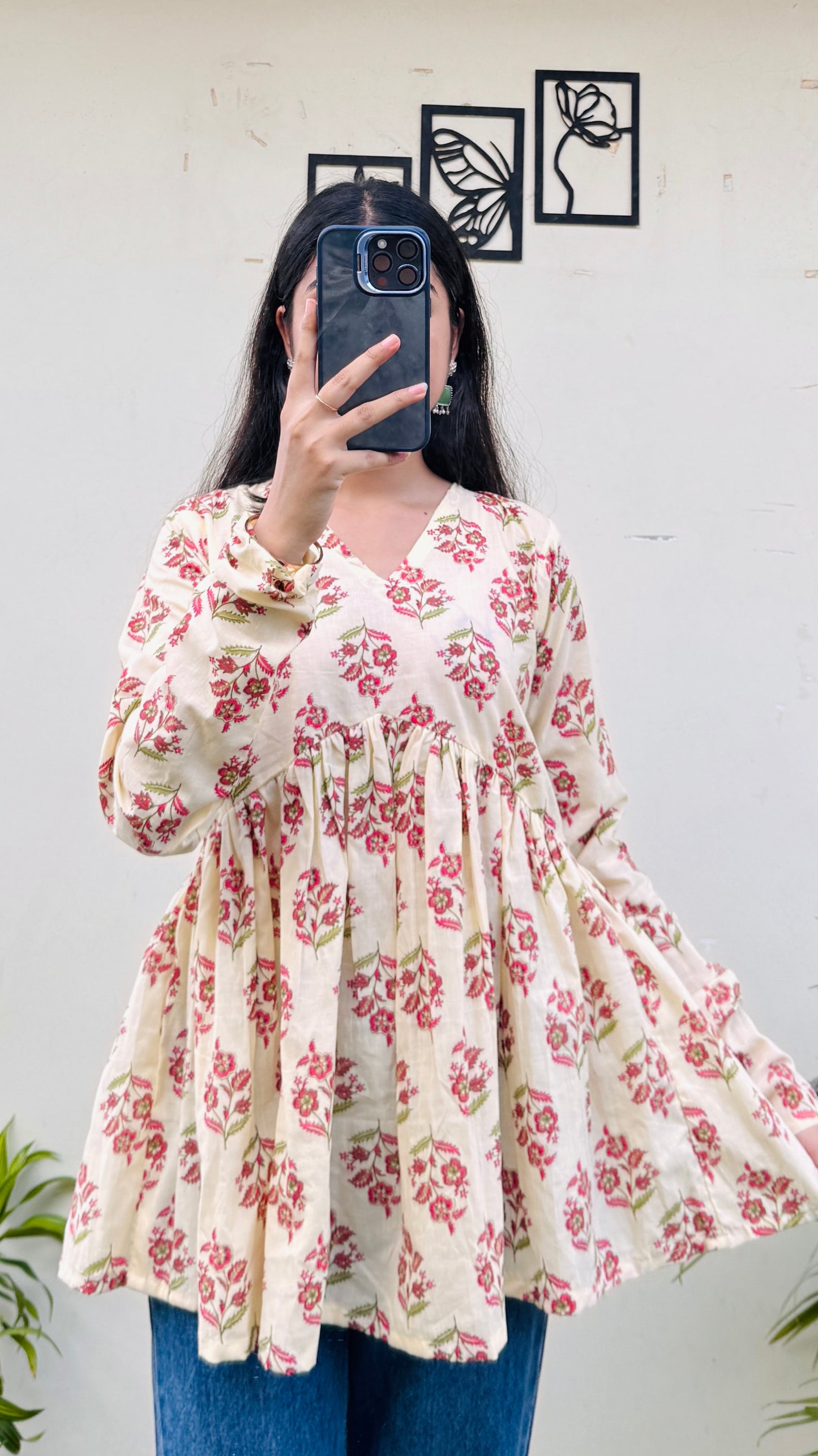 Cotton Cream Flared Printed Aliacut Peplum Top