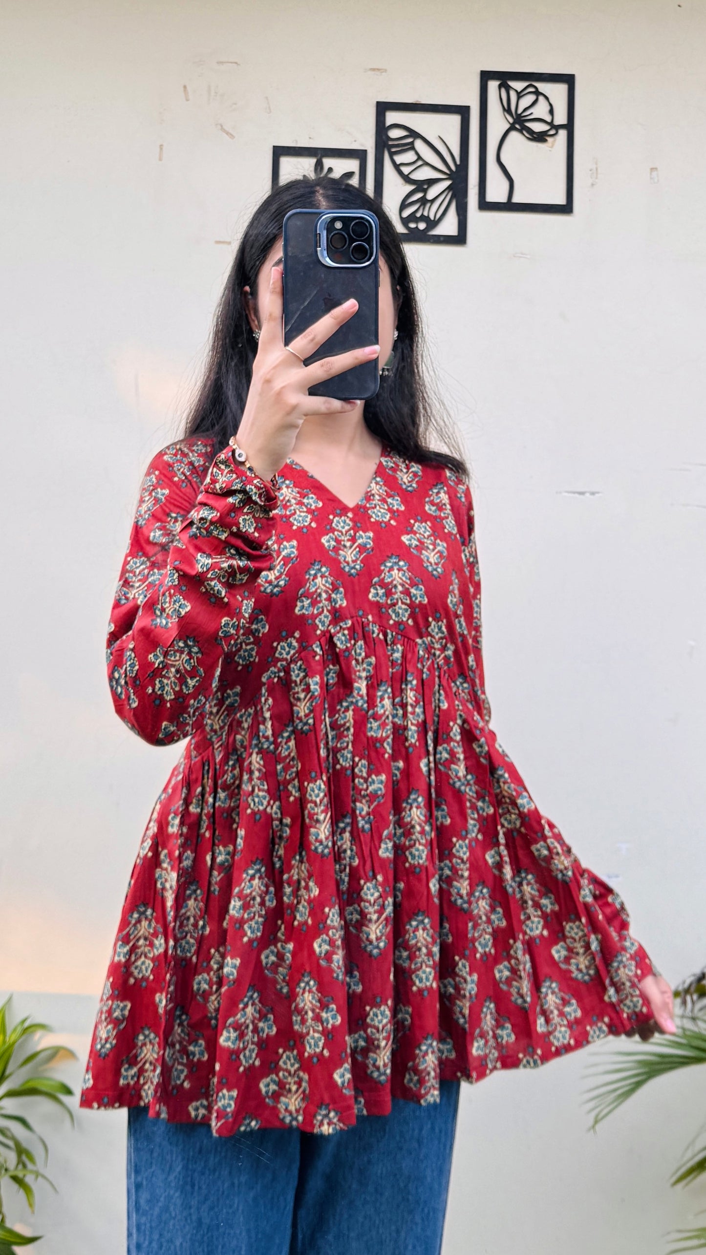 Cotton Brown Flared Printed Aliacut Peplum Top