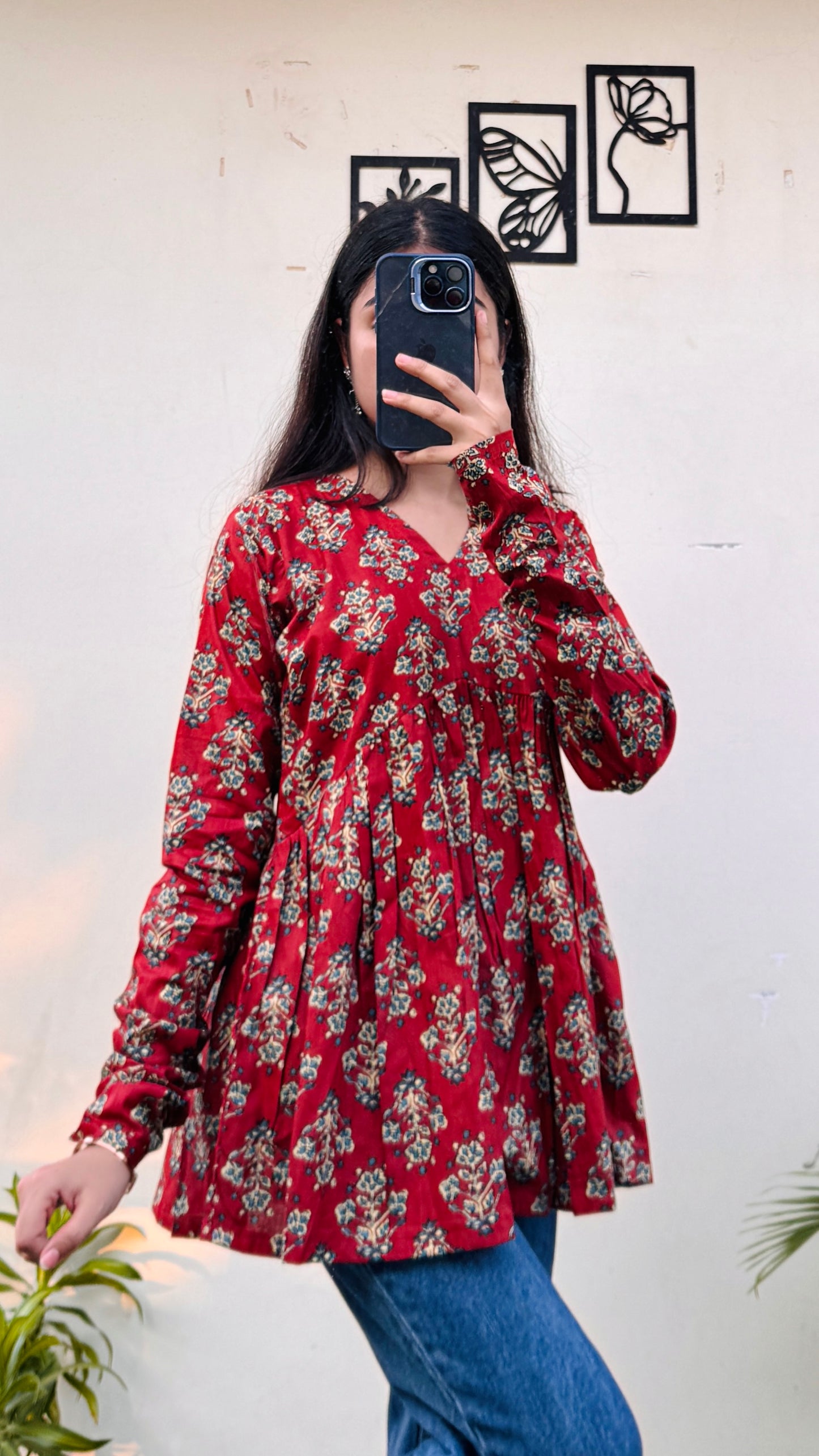 Cotton Brown Flared Printed Aliacut Peplum Top