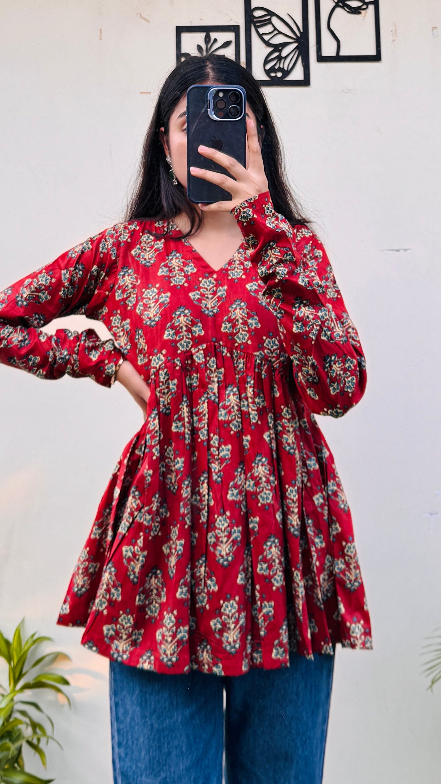 Cotton Brown Flared Printed Aliacut Peplum Top