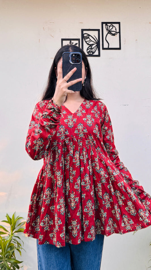 Cotton Brown Flared Printed Aliacut Peplum Top