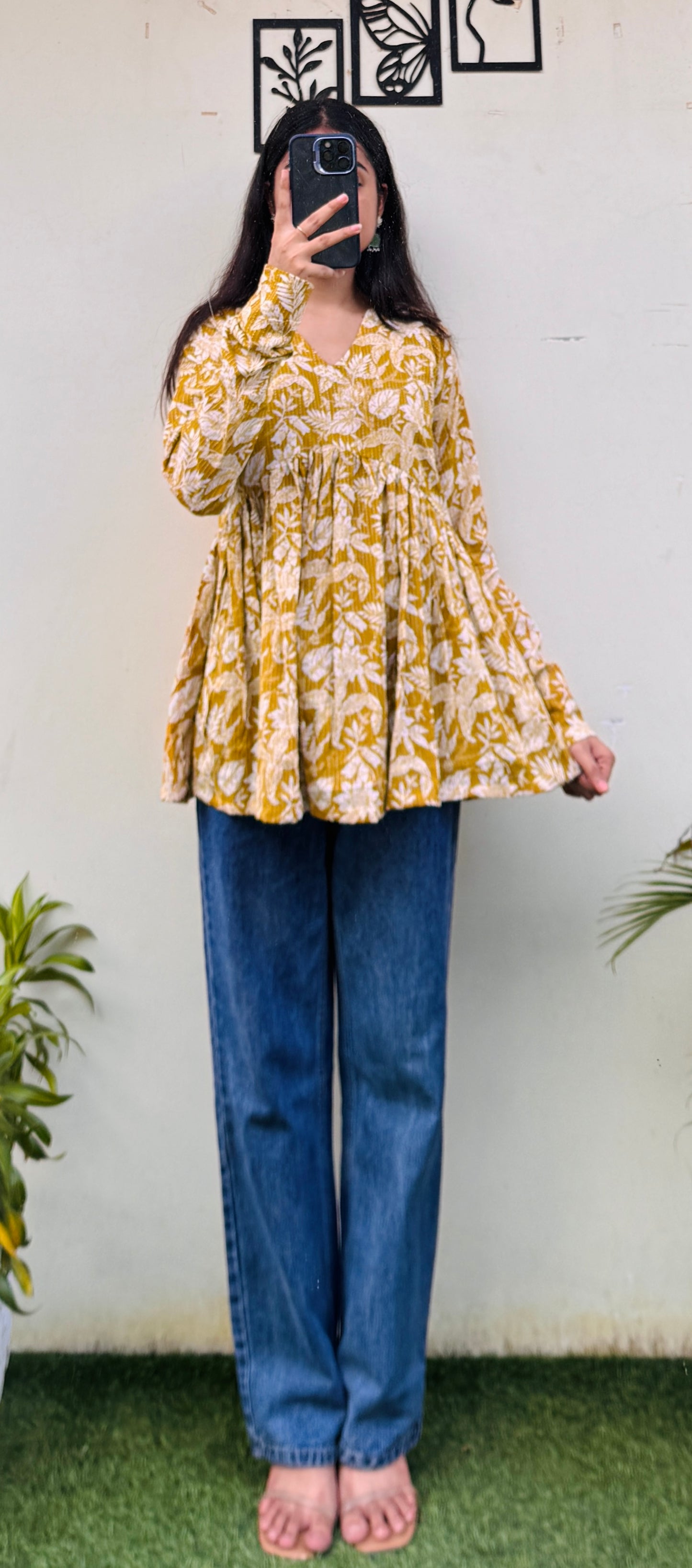 Cotton Katha Yellow Flared Printed Aliacut Peplum Top