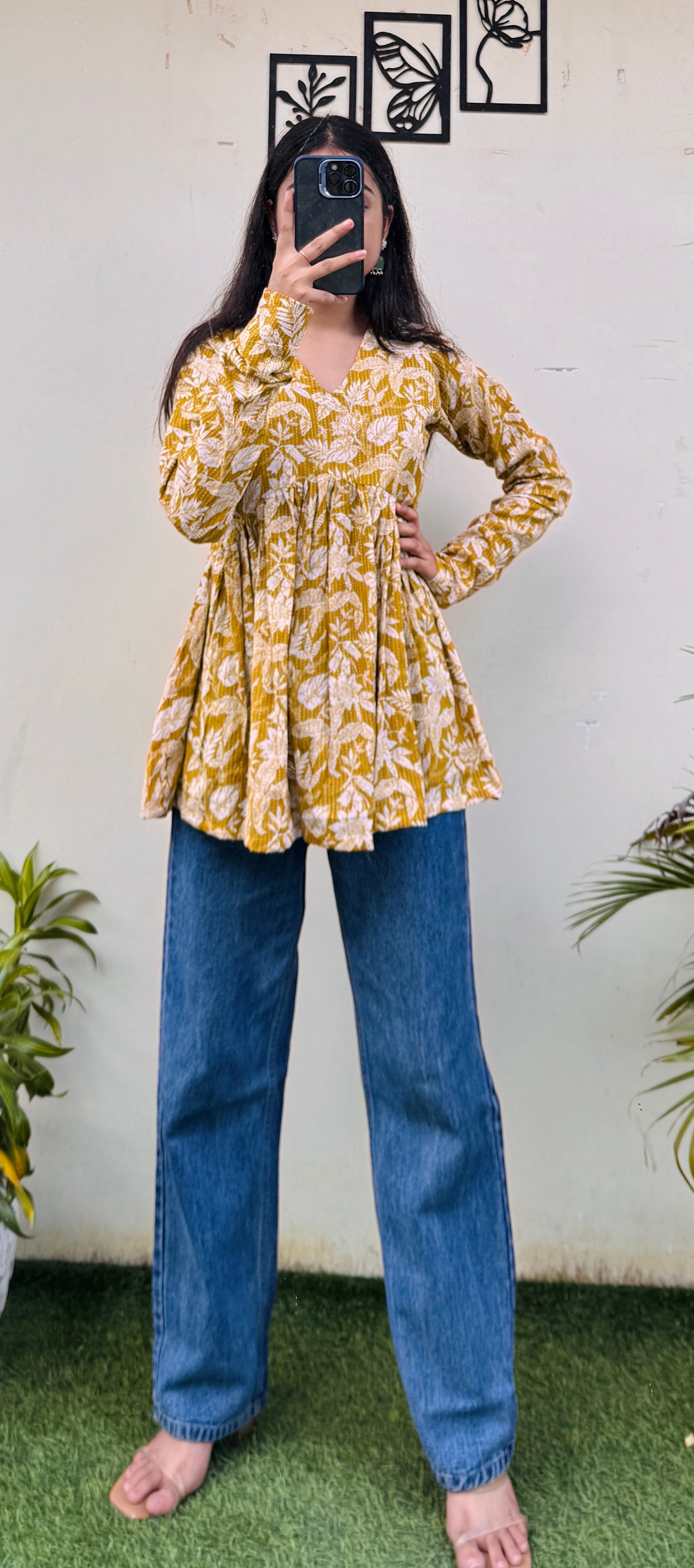 Cotton Katha Yellow Flared Printed Aliacut Peplum Top